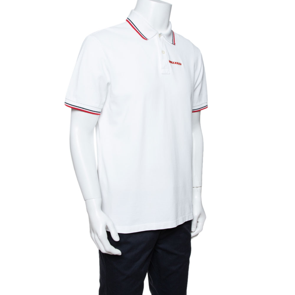 

Prada White Cotton Pique Stripe Detail Polo T-Shirt