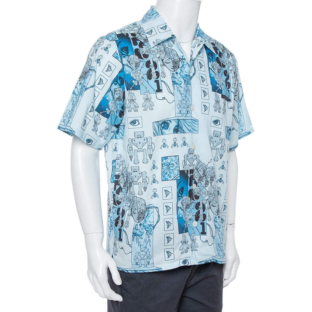 

Prada Blue Robot Printed Cotton Bowling Shirt