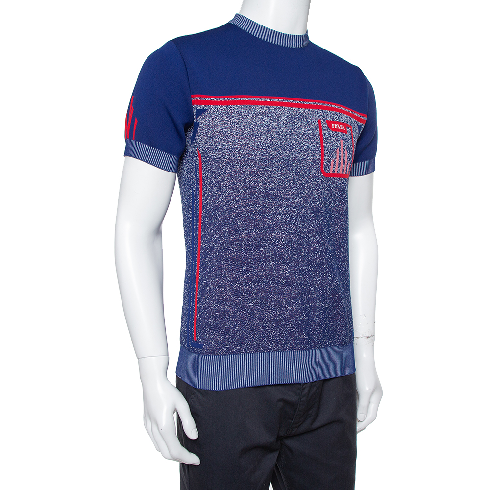 

Prada Navy Blue & Red Knit Technical Mouline Sweater