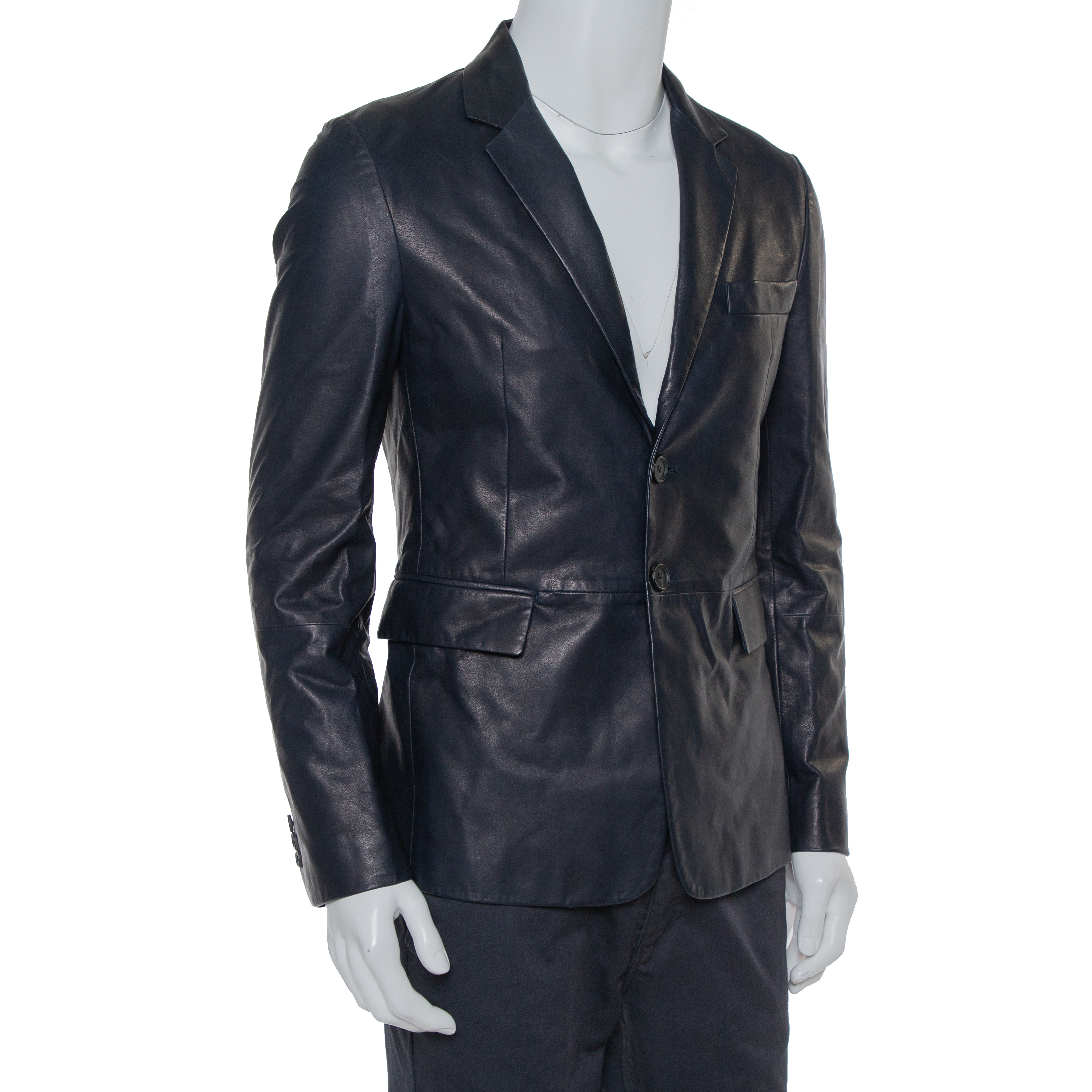 

Prada Navy Blue Leather Single Breasted Jacket