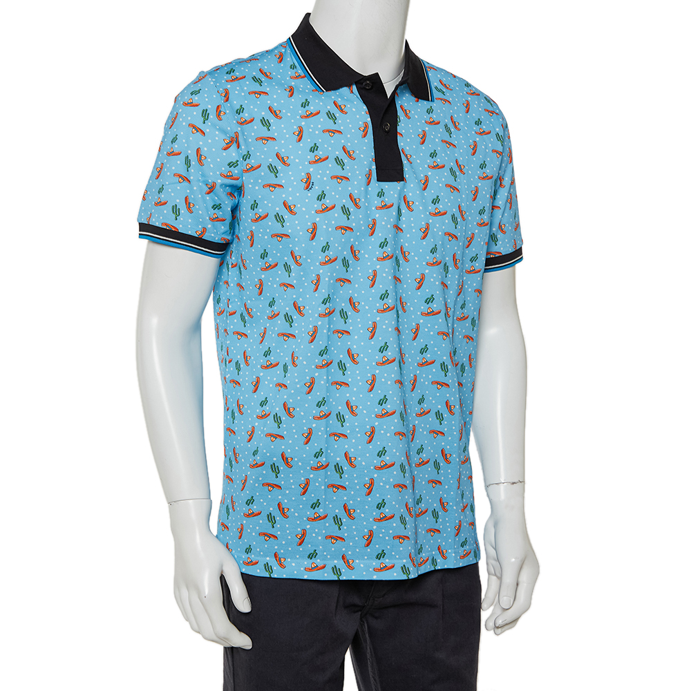 

Prada Blue Sombrero Printed Cotton Pique Polo T-Shirt