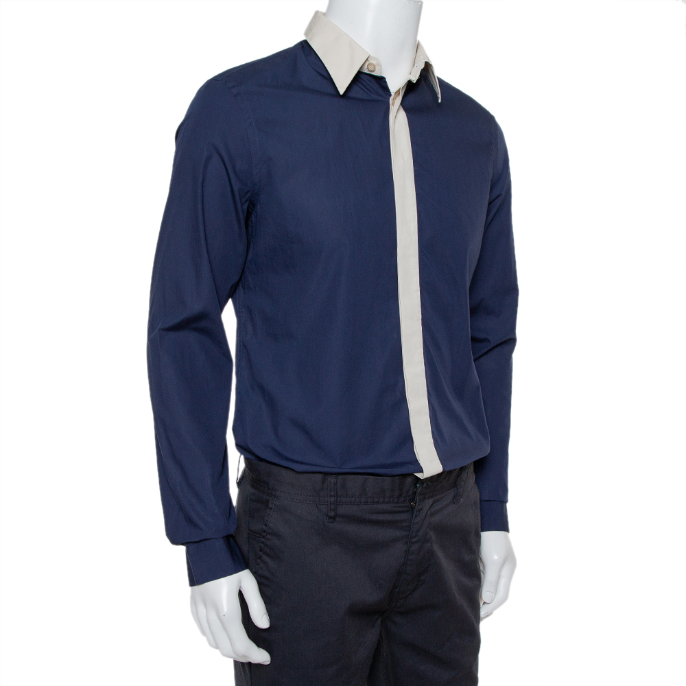 

Prada Navy Blue Cotton Contrast Collar & Placket Detail Button Front Shirt