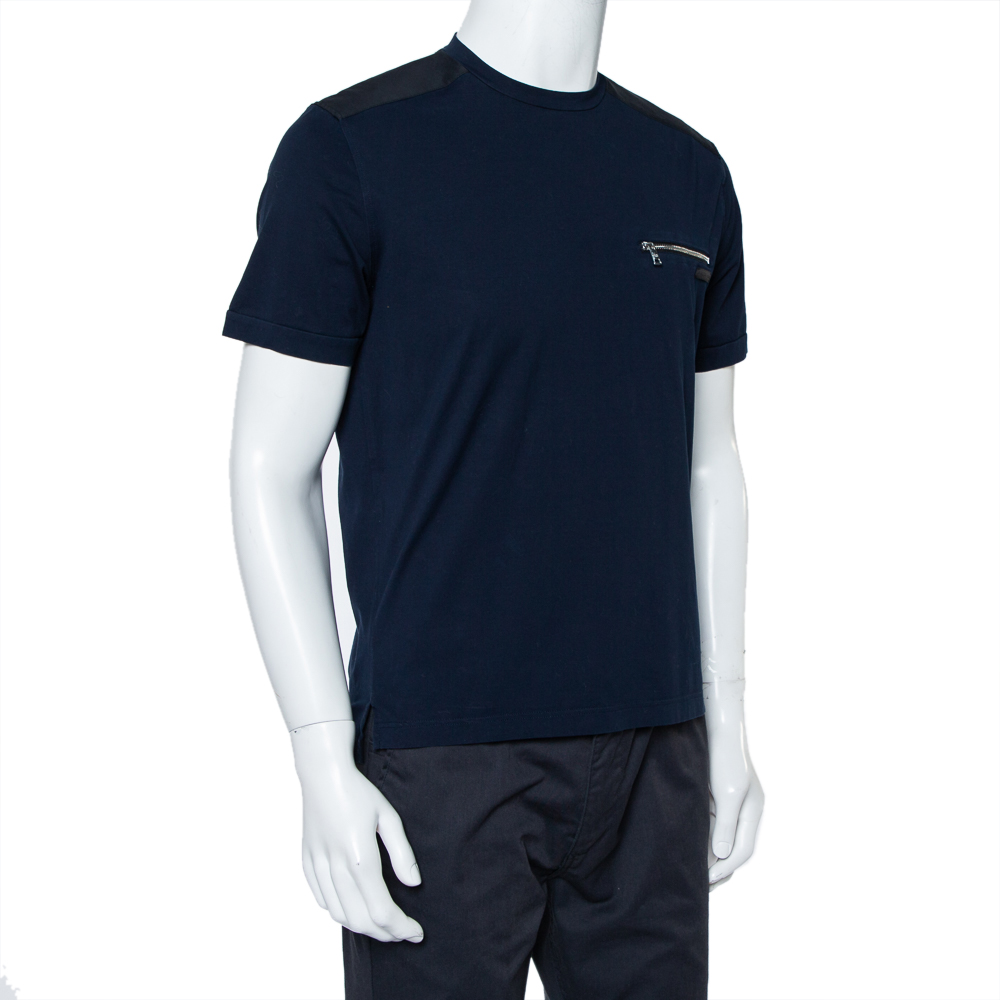 

Prada Navy Blue Cotton Contrast Trim Zip Pocket Detail Crewneck T-Shirt