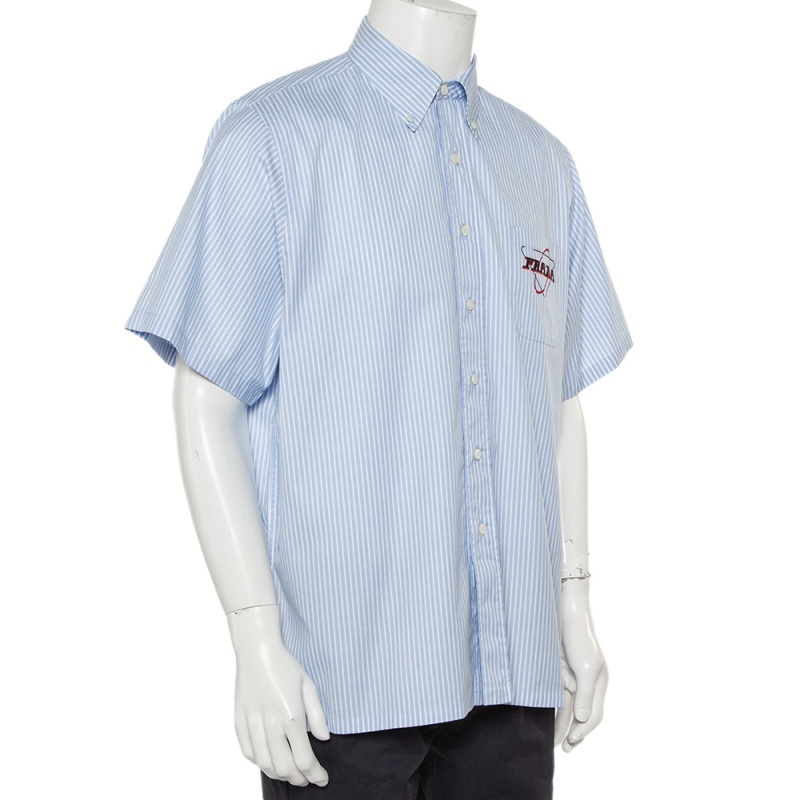 

Prada Blue Striped Cotton Logo Printed Short Sleeve Shirt