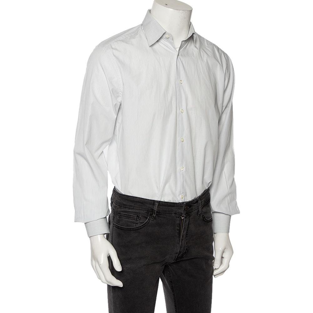 

Prada White Striped Cotton Checkered Collar Detail Button Front Shirt