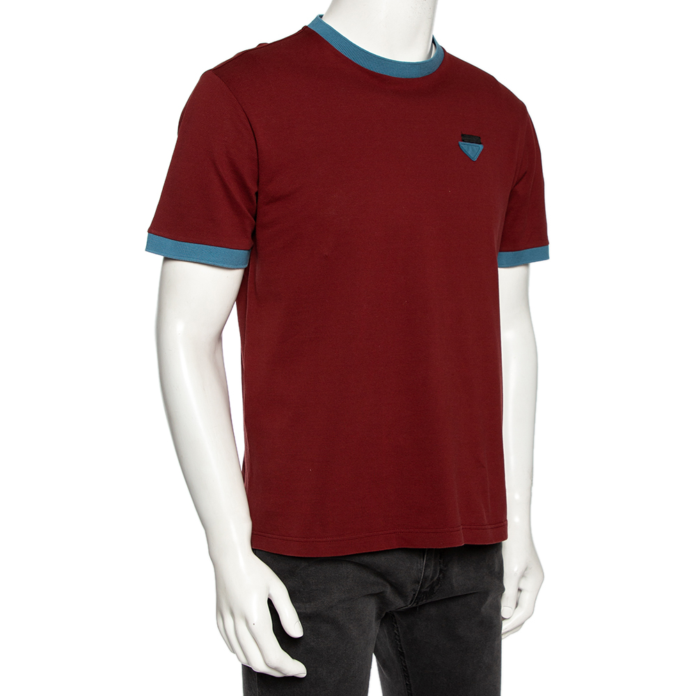 

Prada Maroon Cotton Pique Contrast Trimmed Crew Neck T-Shirt, Red