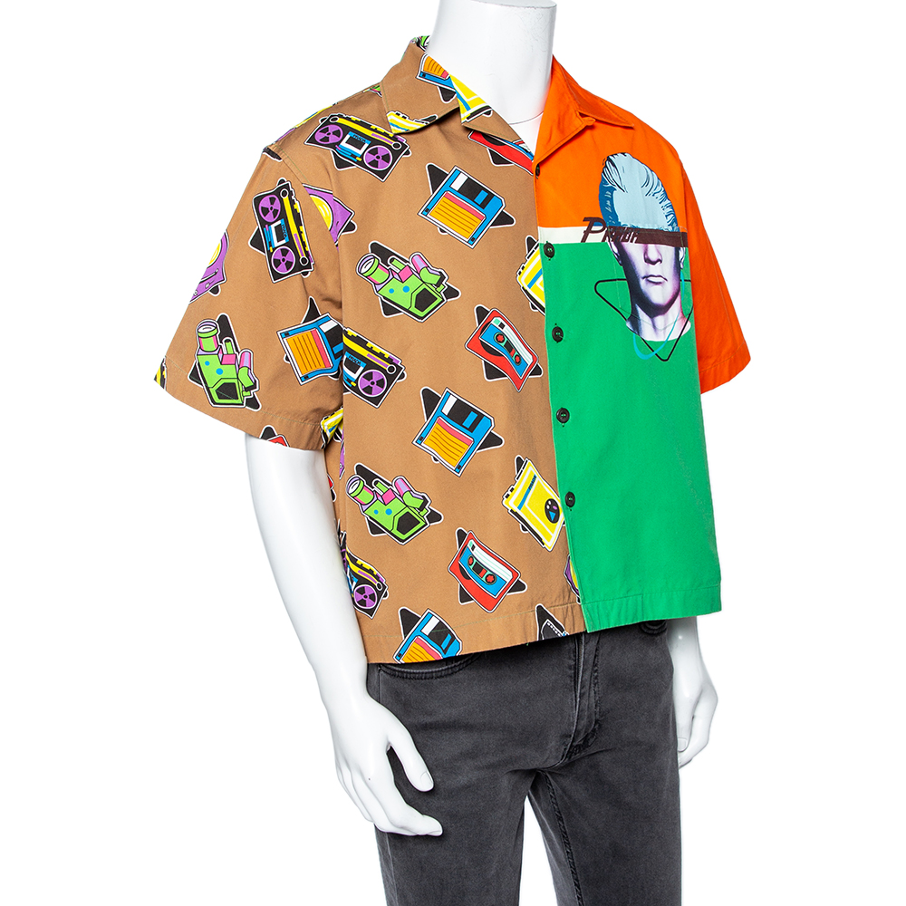 

Prada Multicolored Cotton Graphic Clad Short Sleeve Bowling Shirt, Multicolor