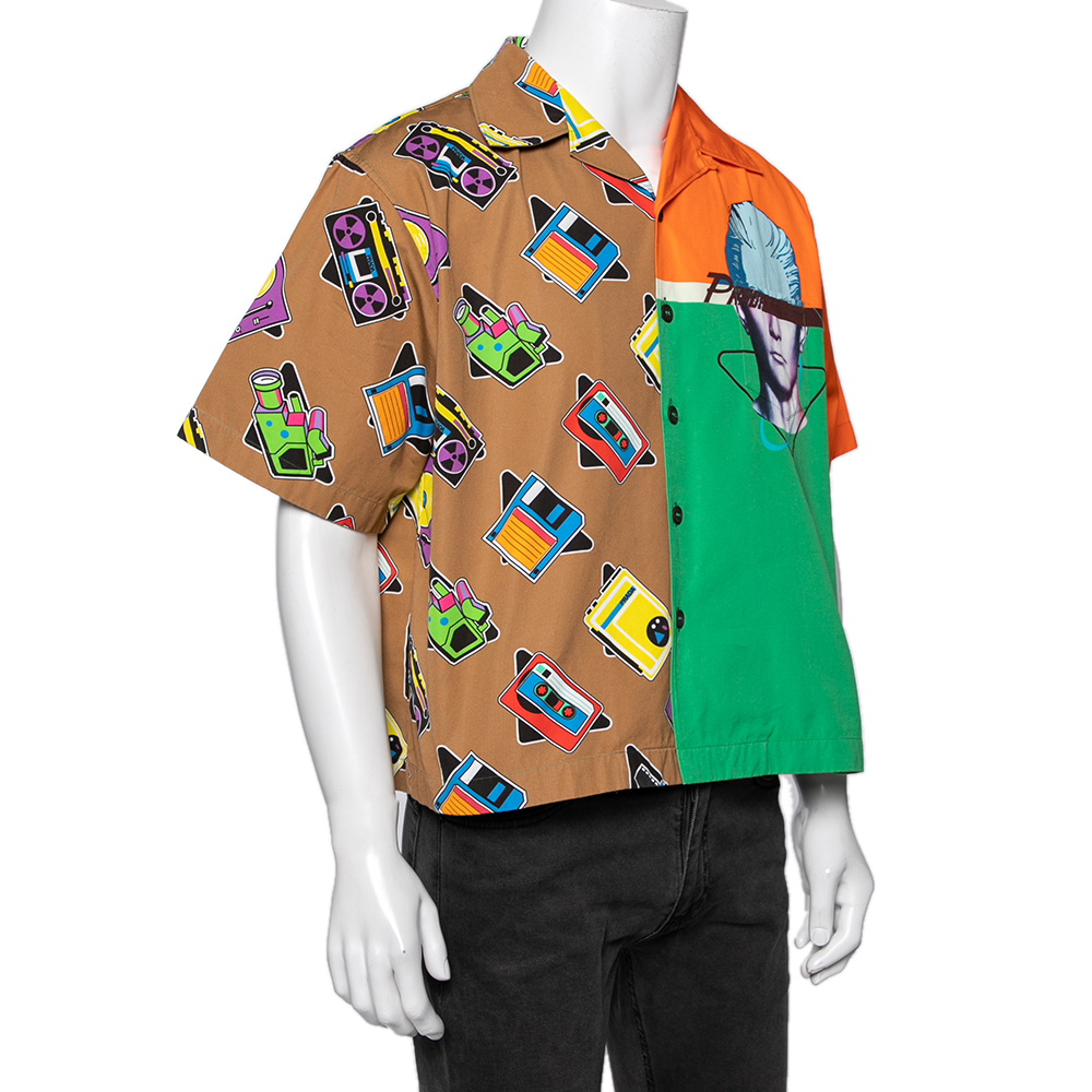 

Prada Multicolored Cotton Graphic Clad Short Sleeve Bowling Shirt, Multicolor