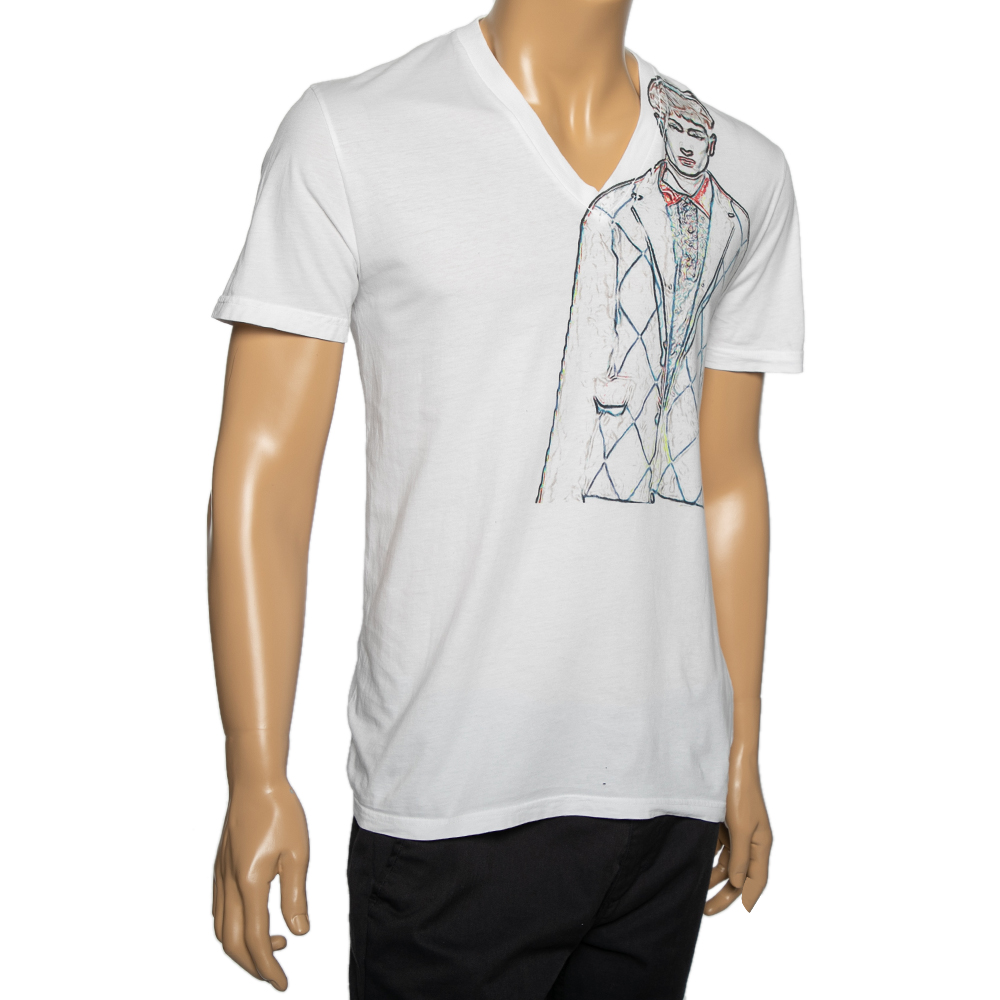 

Prada White Man Sketch Print V-Neck Short Sleeve T-Shirt