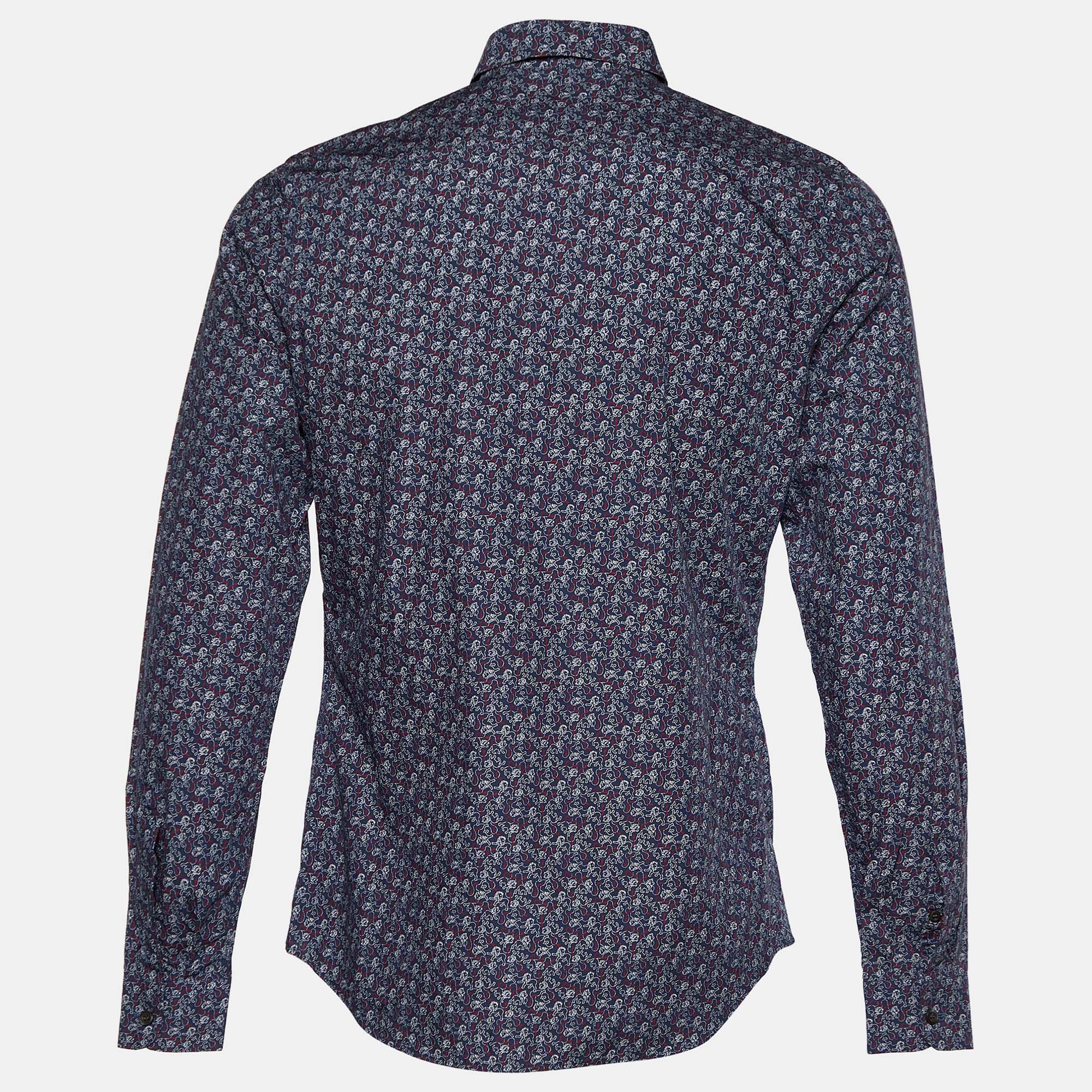 

Prada Navy Blue Lion Print Cotton Button Front Shirt
