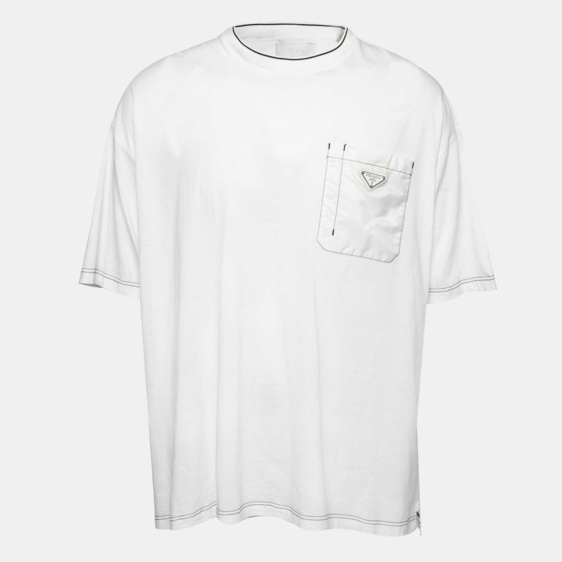 Pre Owned Prada White Cotton Pocket Detail Short Sleeve T-Shirt XL