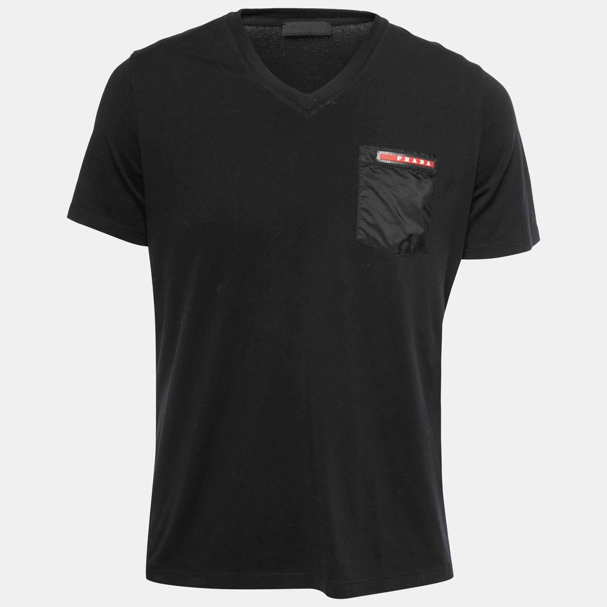 Pre Owned Prada Black Stretch Cotton Patch Pocket Detail V-Neck T-Shirt L