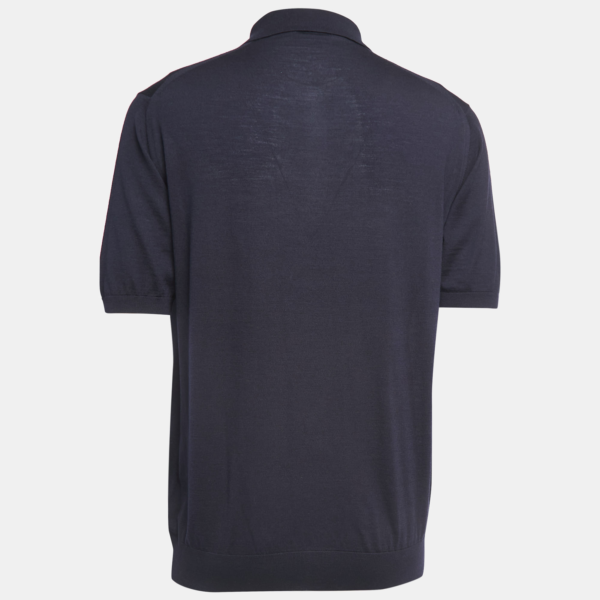 

Prada Navy Blue Superfine Wool Knit Logo Embroidered Polo T-Shirt