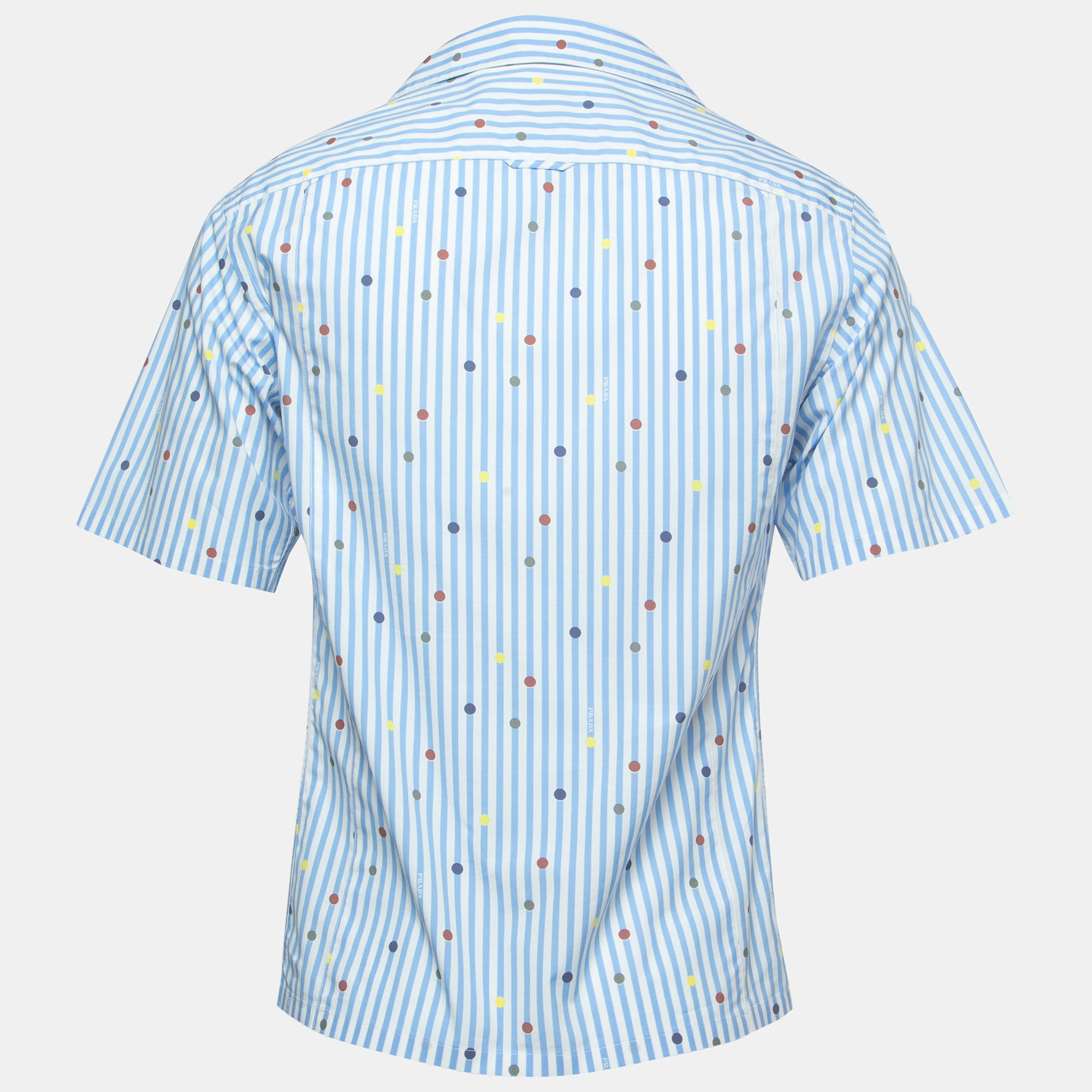 

Prada Blue Polka Dot Striped Cotton Button Front Half Sleeve T-Shirt