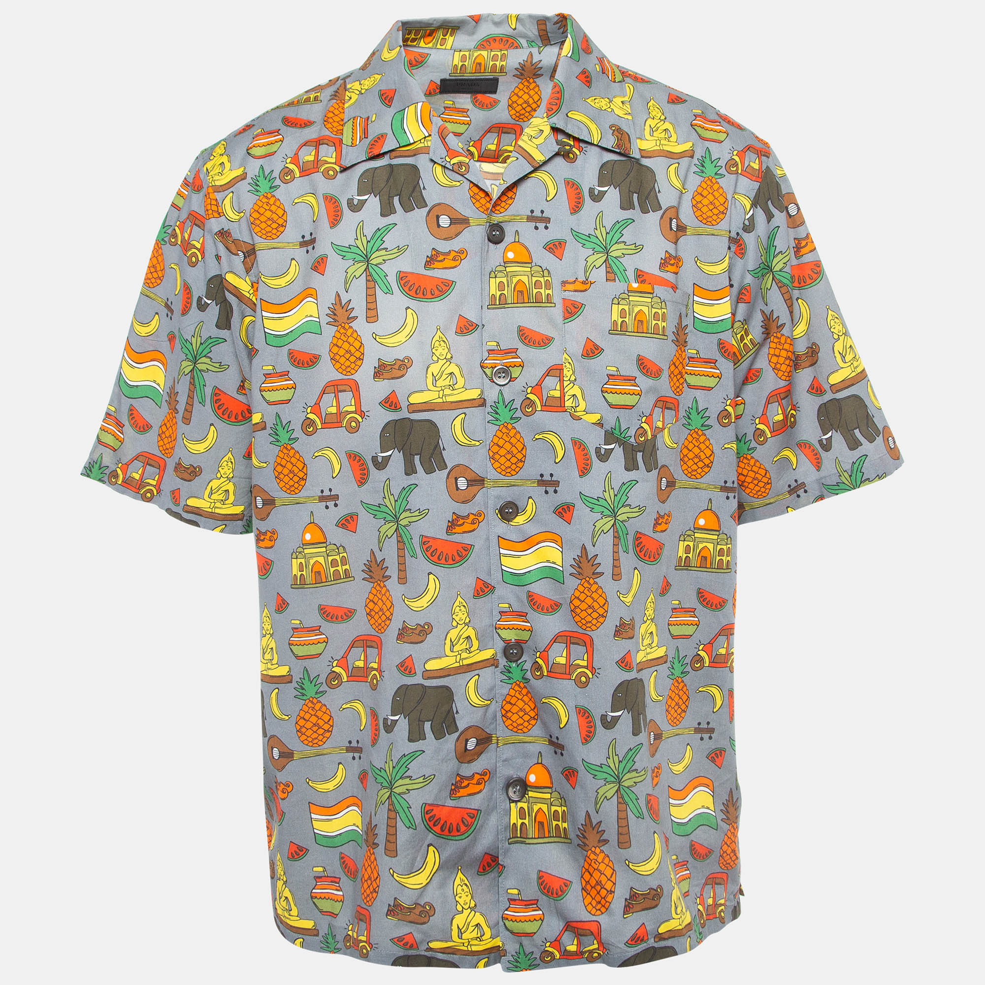 

Prada Grey/Multicolor Printed Cotton Bowling Shirt