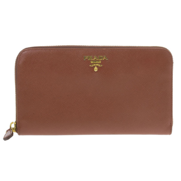 Pre Owned Prada Brown Saffiano Zip Around Wallet
