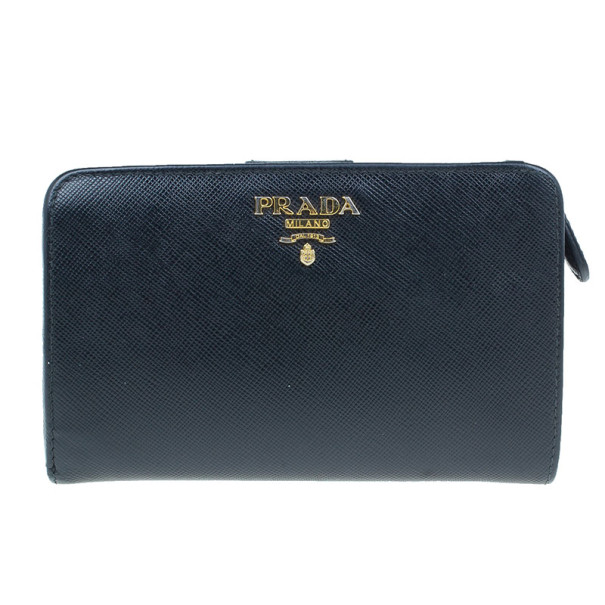 Pre Owned Prada Black Saffiano Leather Compact Lampo Wallet