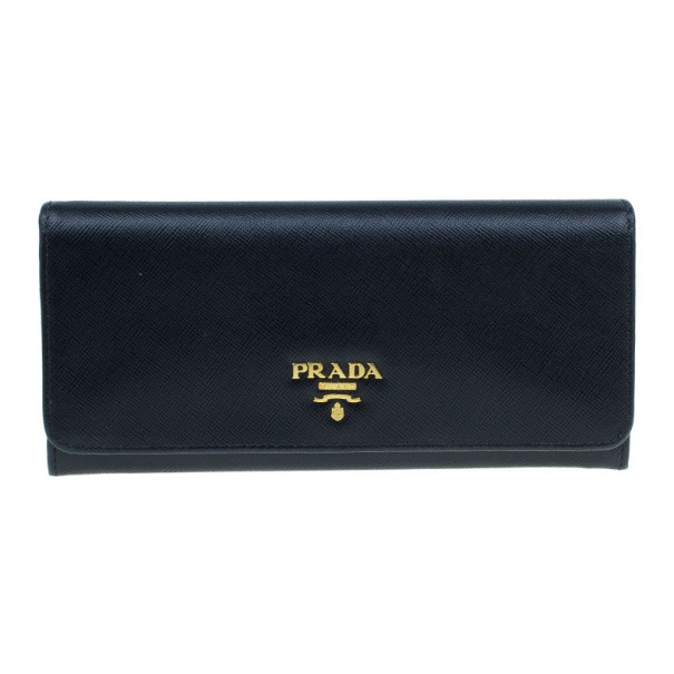 مملوكة مسبقًا Prada Black Leather Long Saffiano Flap Wallet