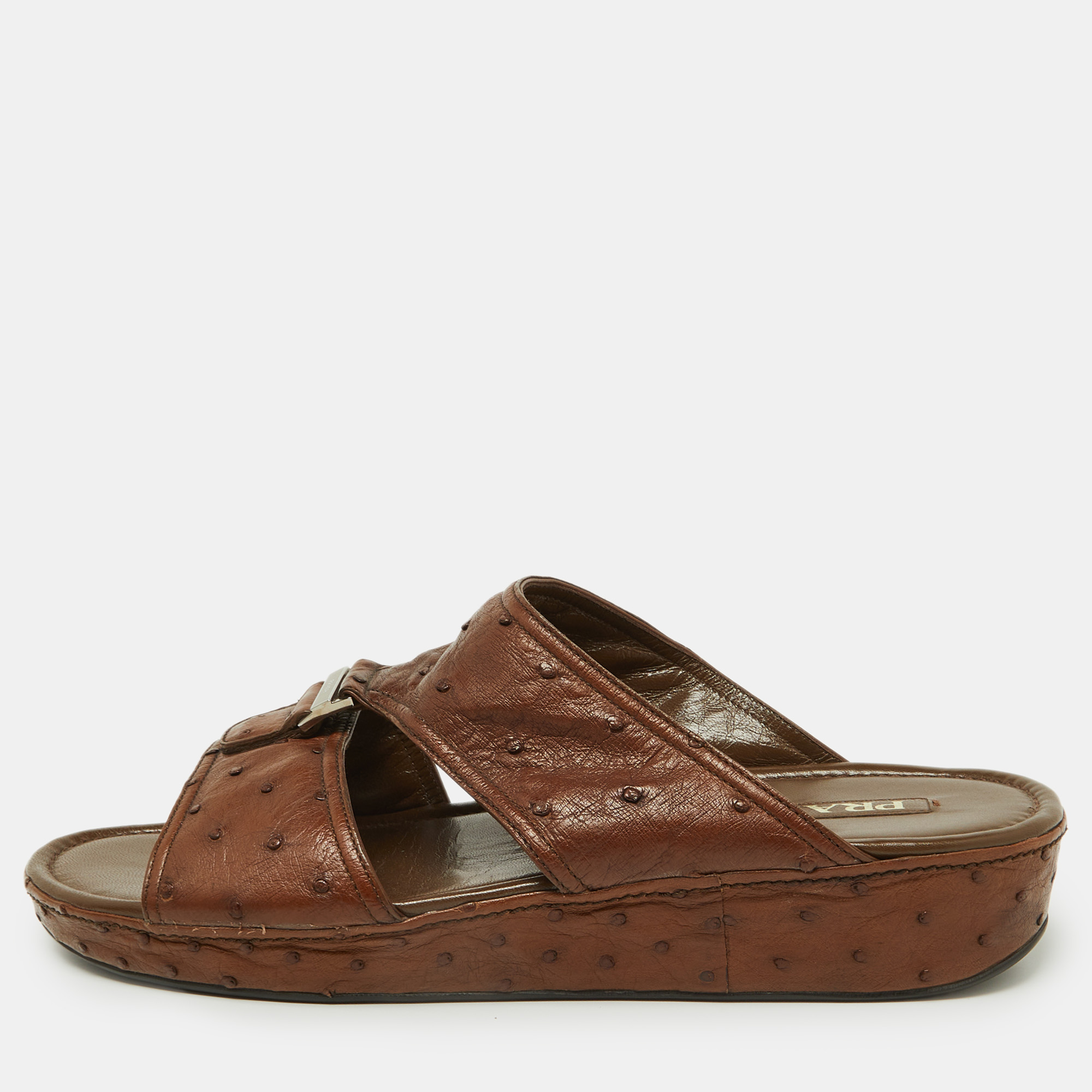 

Prada Brown Ostrich Leather Flat Sandals Size 44