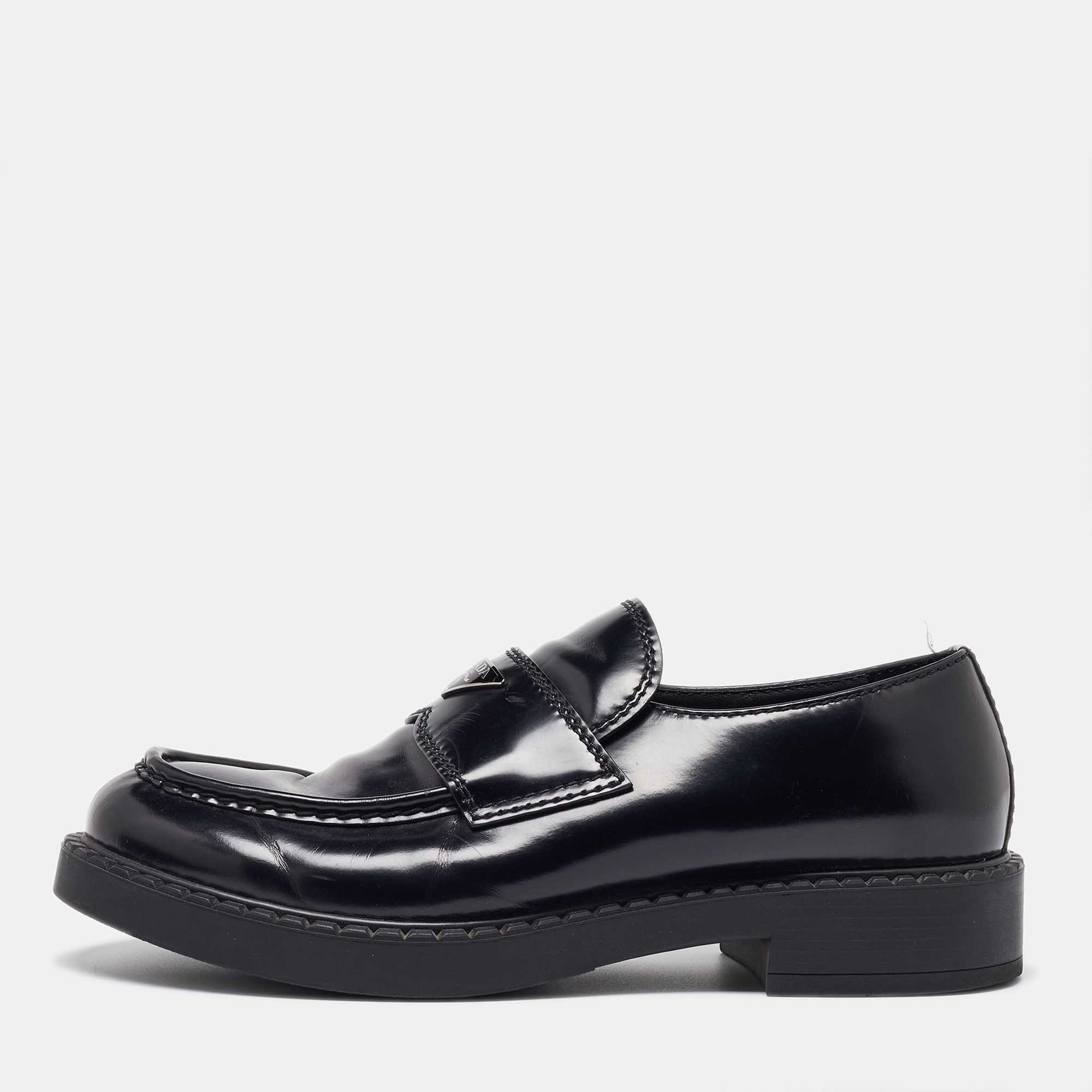 

Prada Black Brushed Leather Slip On Loafers Size 44