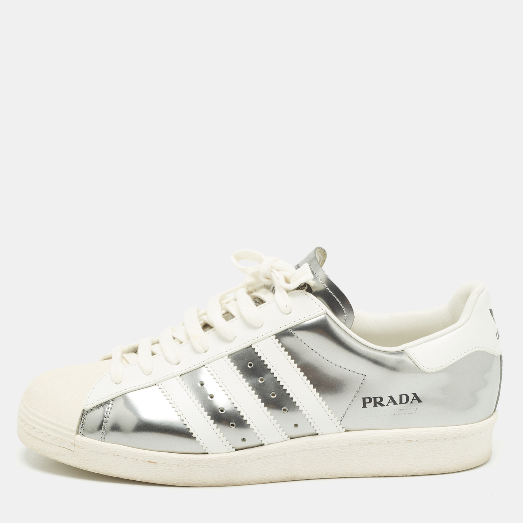 

Prada x Adidas White/Silver Leather Superstar Sneakers Size 42 2/3