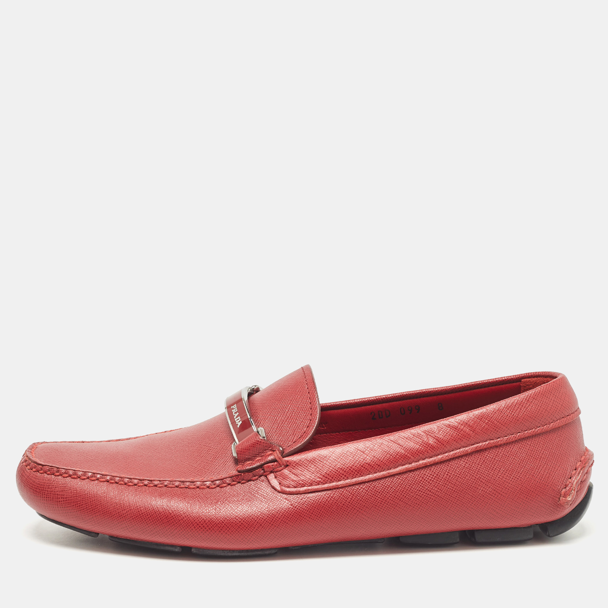 Pre-owned Prada Dark Red Leather Buckle Loafers Size 42