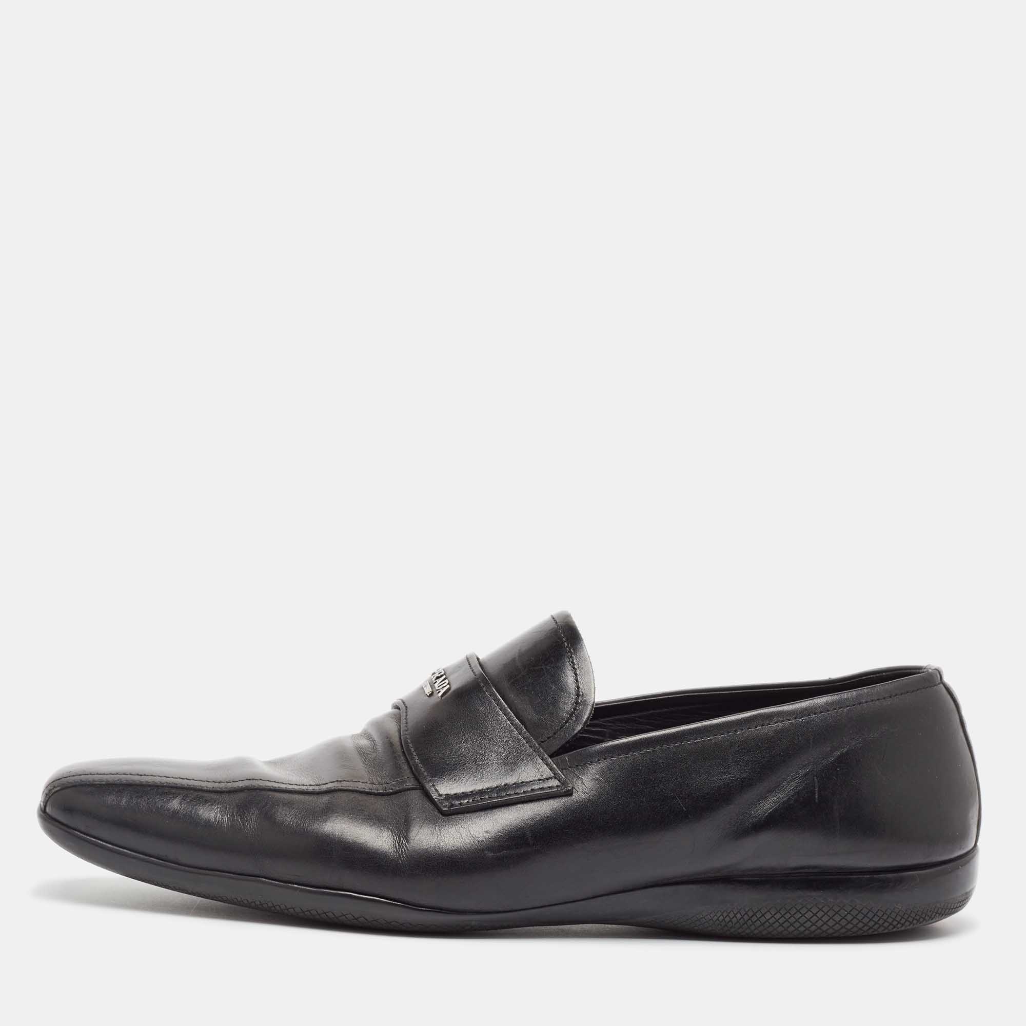 Pre-owned Prada Black Leather Slip On Loafers Size 45