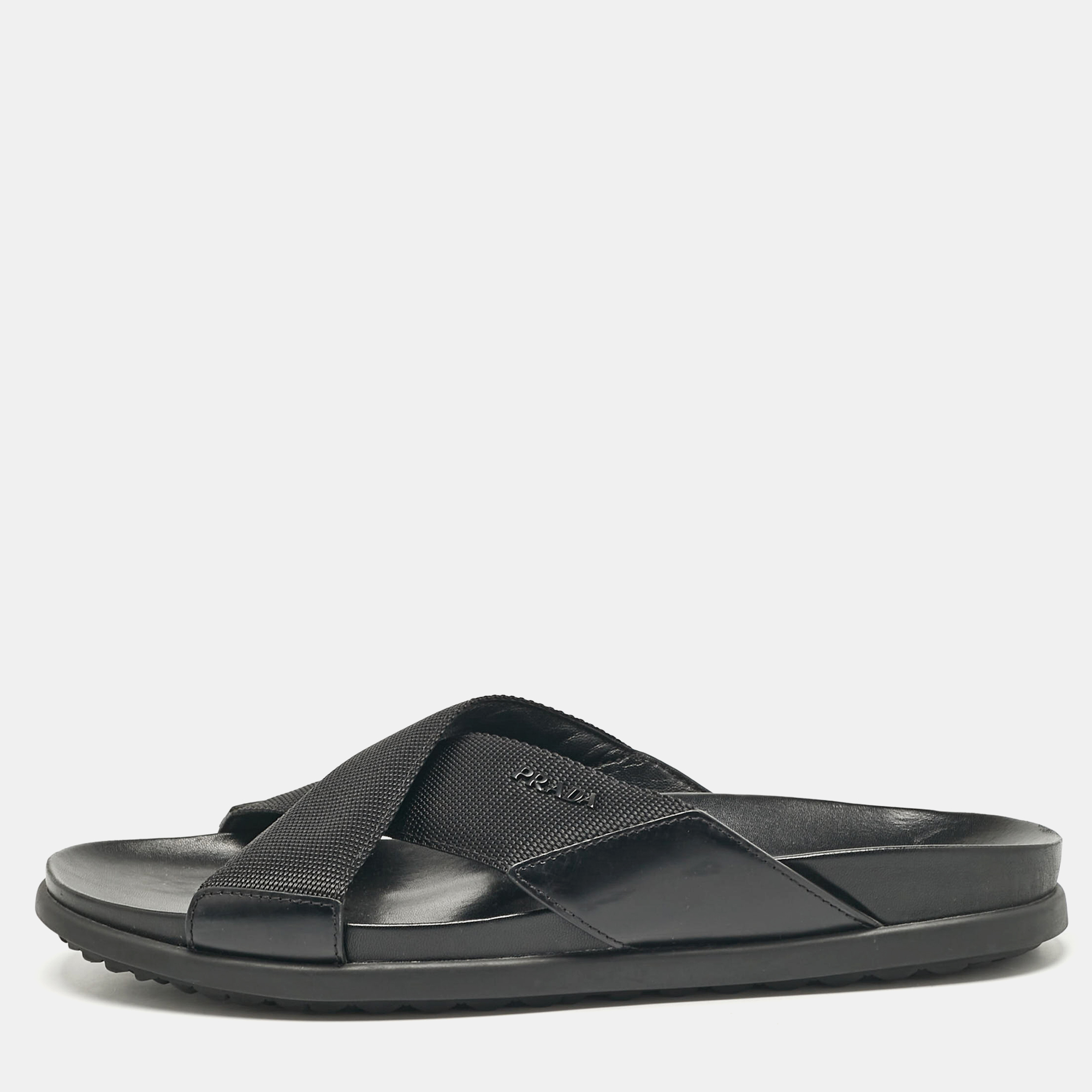 

Prada Black Canvas and Leather Crisscross Flat Slides Size 40