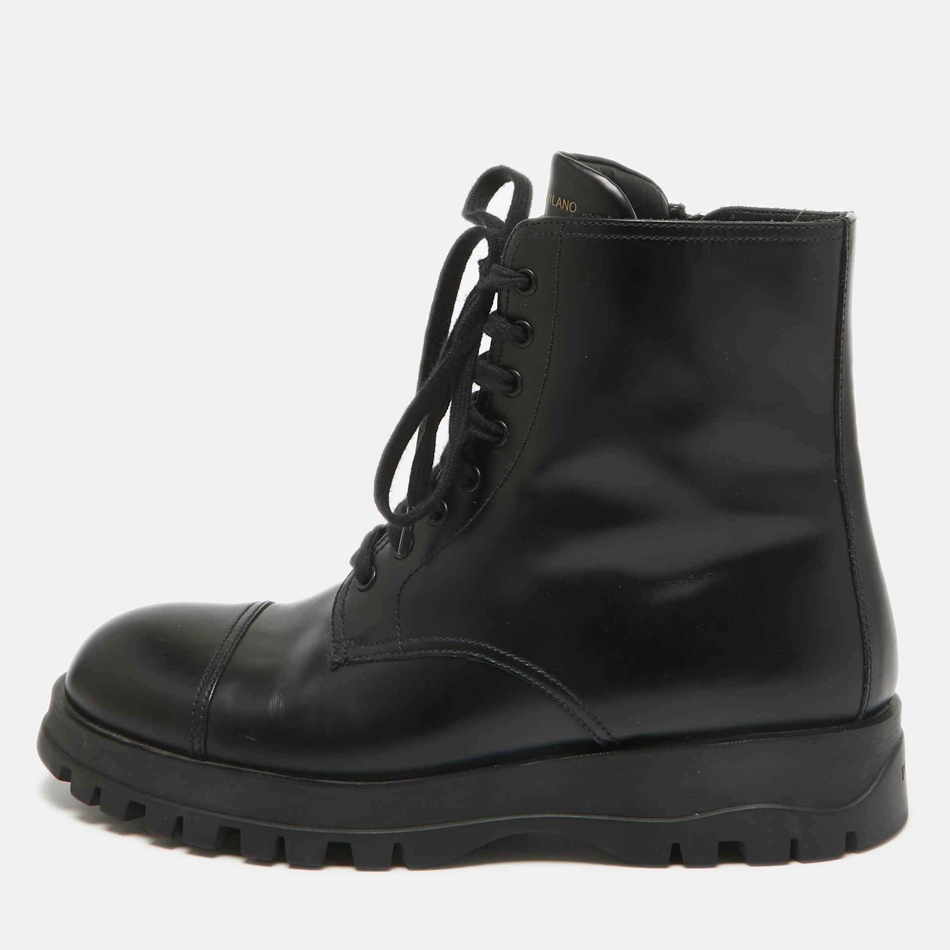 

Prada Black Leather Lace Up Combat Boots Size