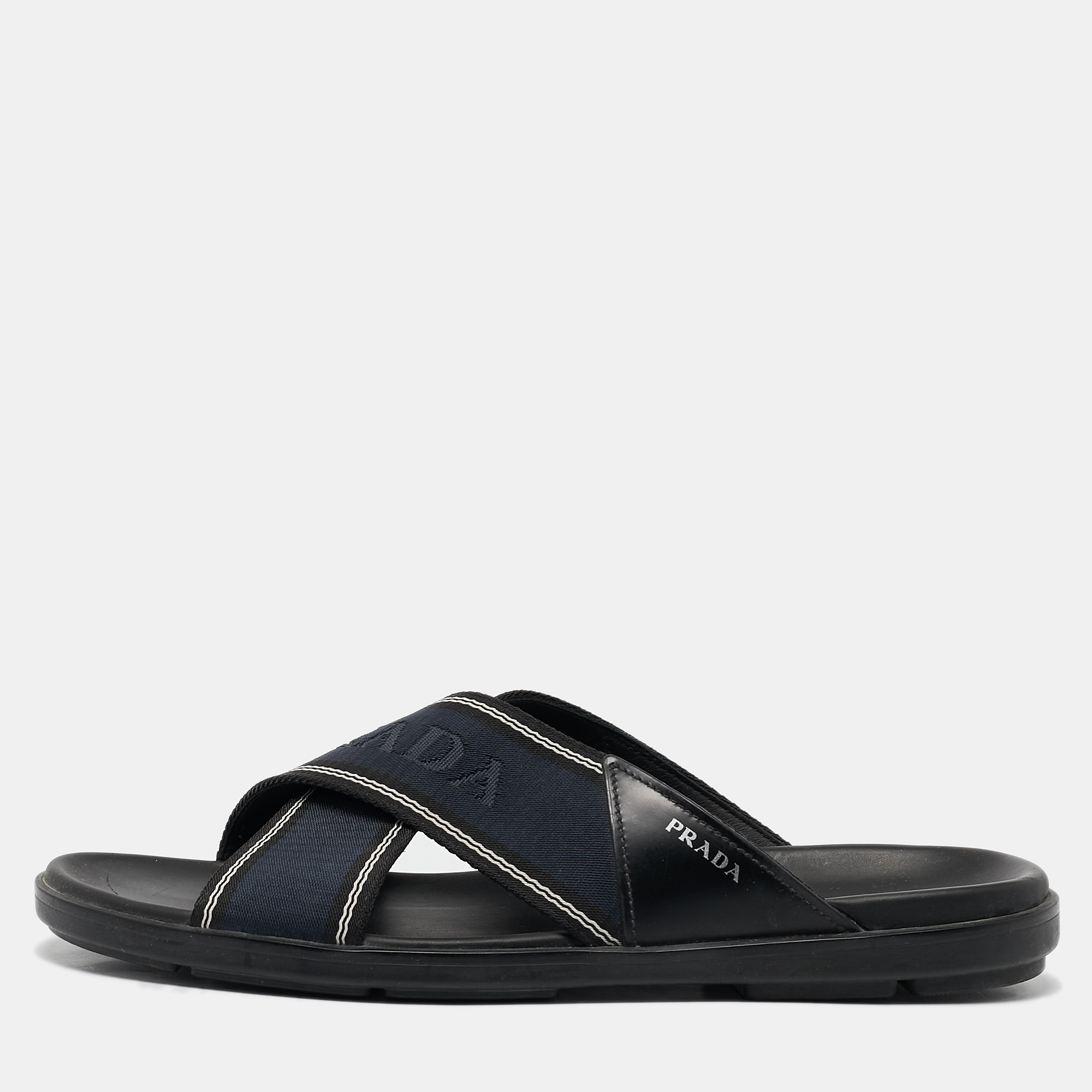 

Prada Blue Leather and Canvas Logo Tape Crisscross Slides Size 43