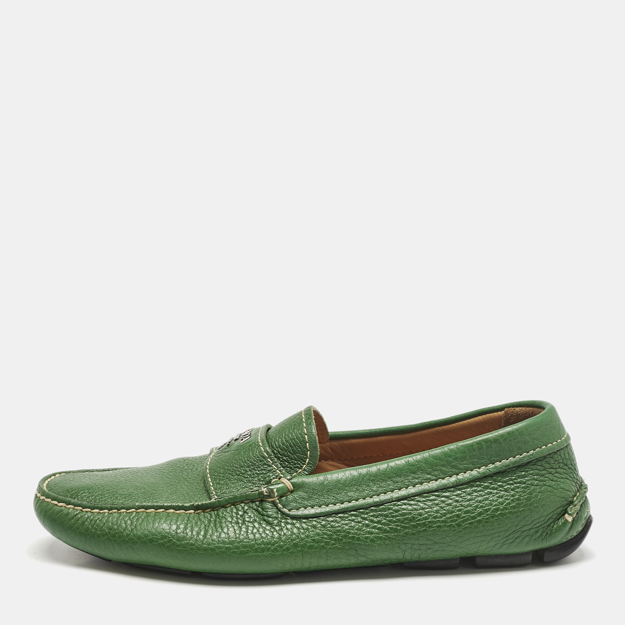 

Prada Green Leather Logo Slip On Loafers Size 40