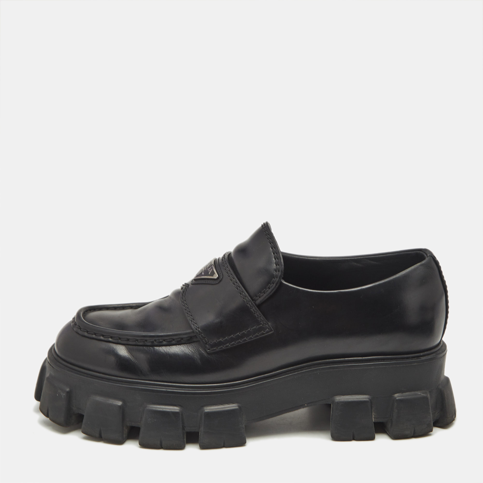 

Prada Black Brushed Leather Monolith Loafers Size 42