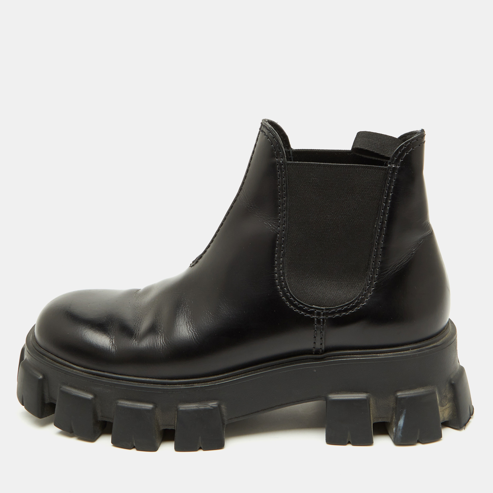 

Prada Black Brushed Leather Monolith Platform Chelsea Boots Size 41