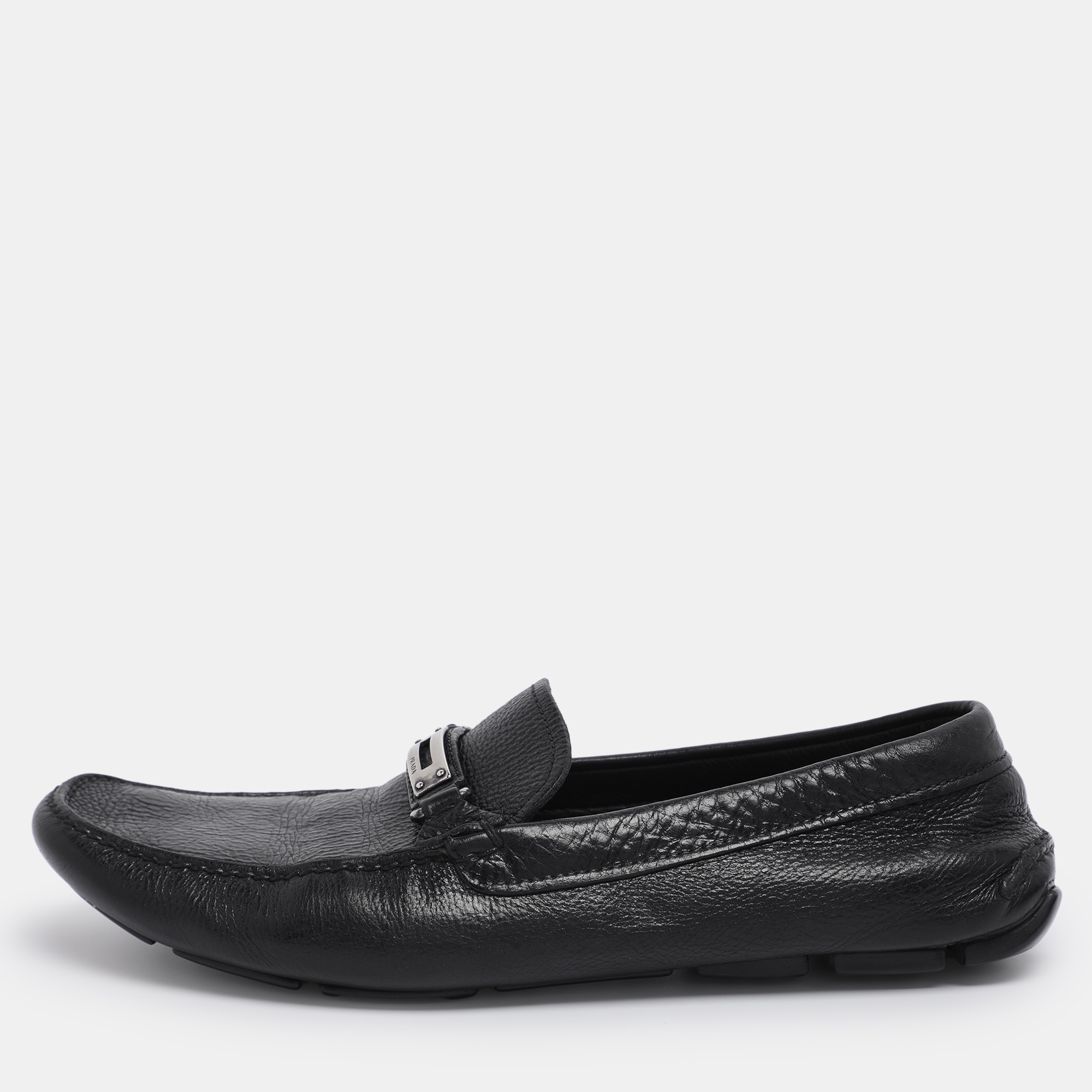 

Prada Black Leather Logo Slip On Loafers Size 46