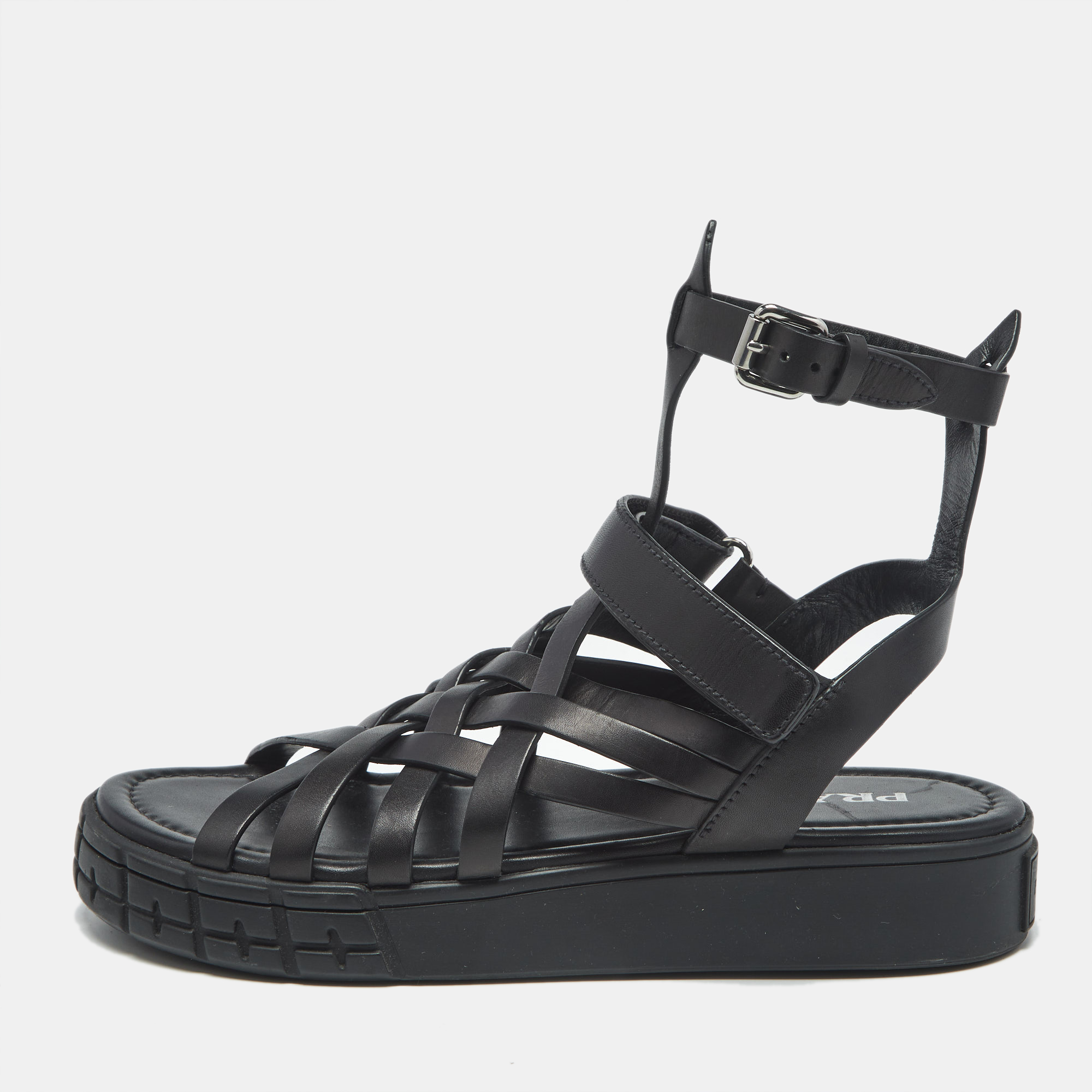 

Prada Black Leather Gladiator Flat Sandals Size