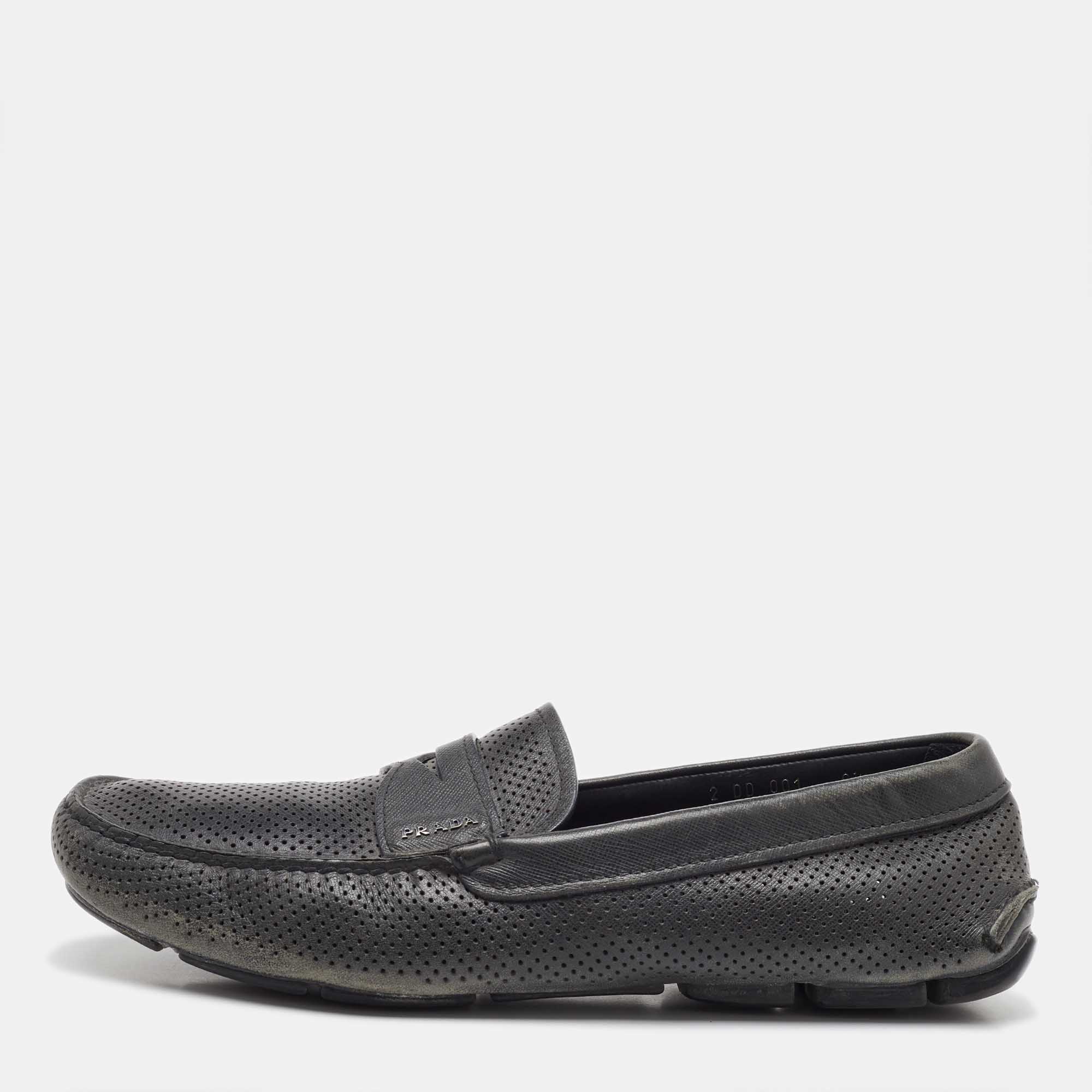 

Prada Dark Grey Perforated Leather Slip On Loafers Size 43.5