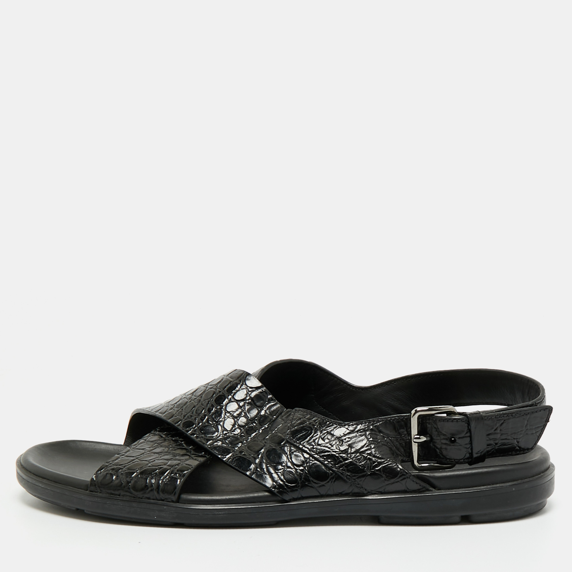 

Prada Black Croc Embossed Leather Crisscross Flat Sandals Size 44
