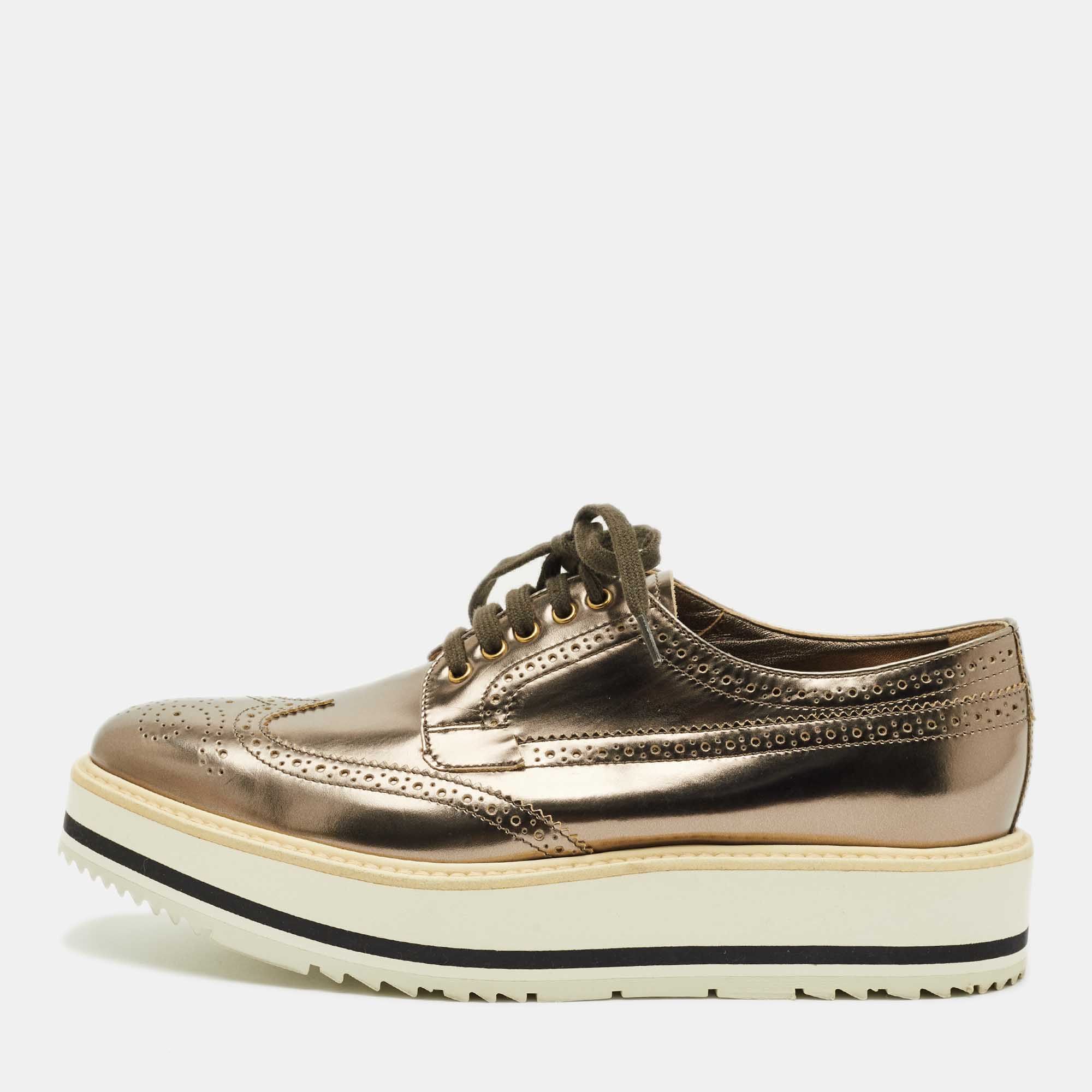 

Prada Metallic Brogue Leather Derby Lace Up Sneakers Size