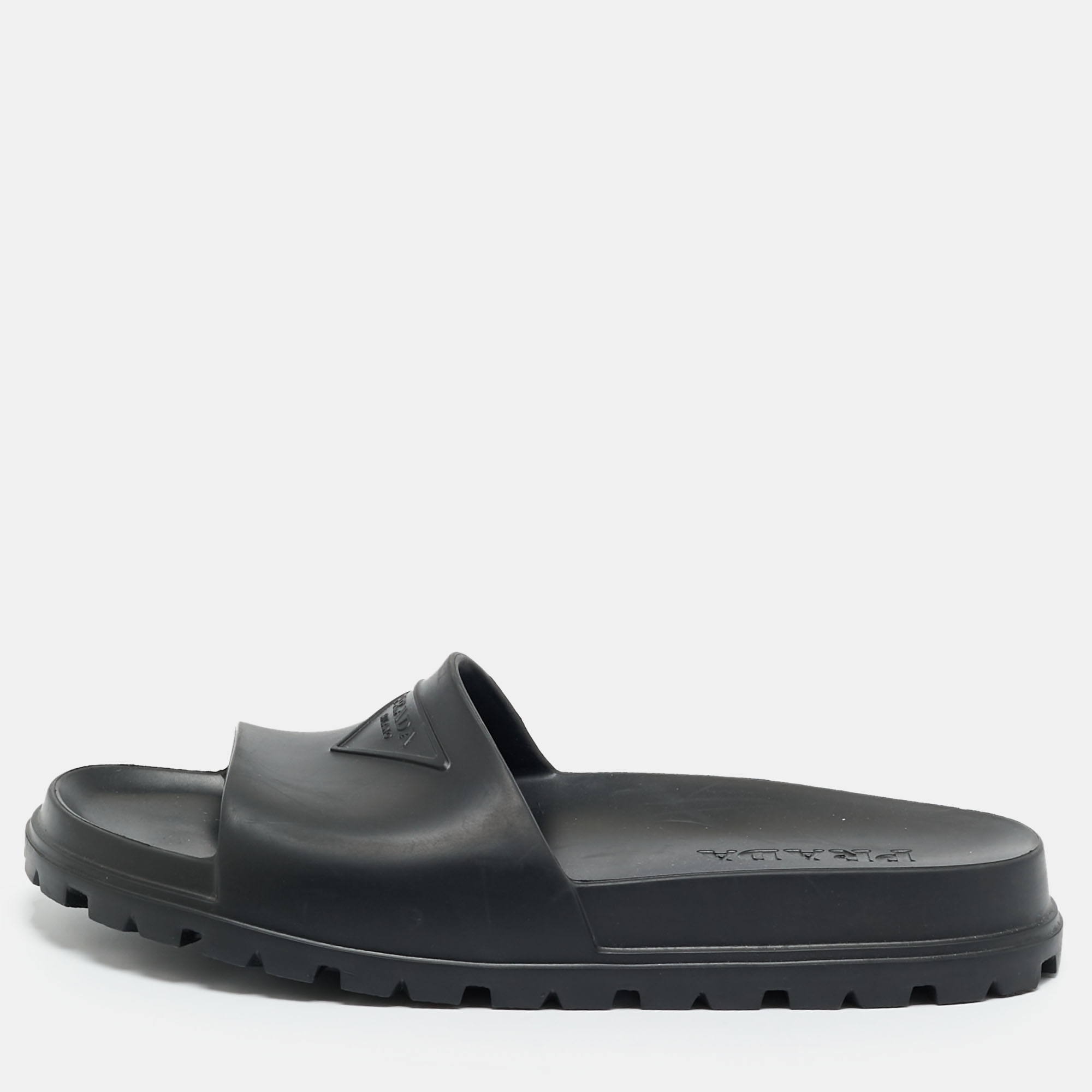 Pre-owned Prada Black Rubber Flat Pool Slide Size 45