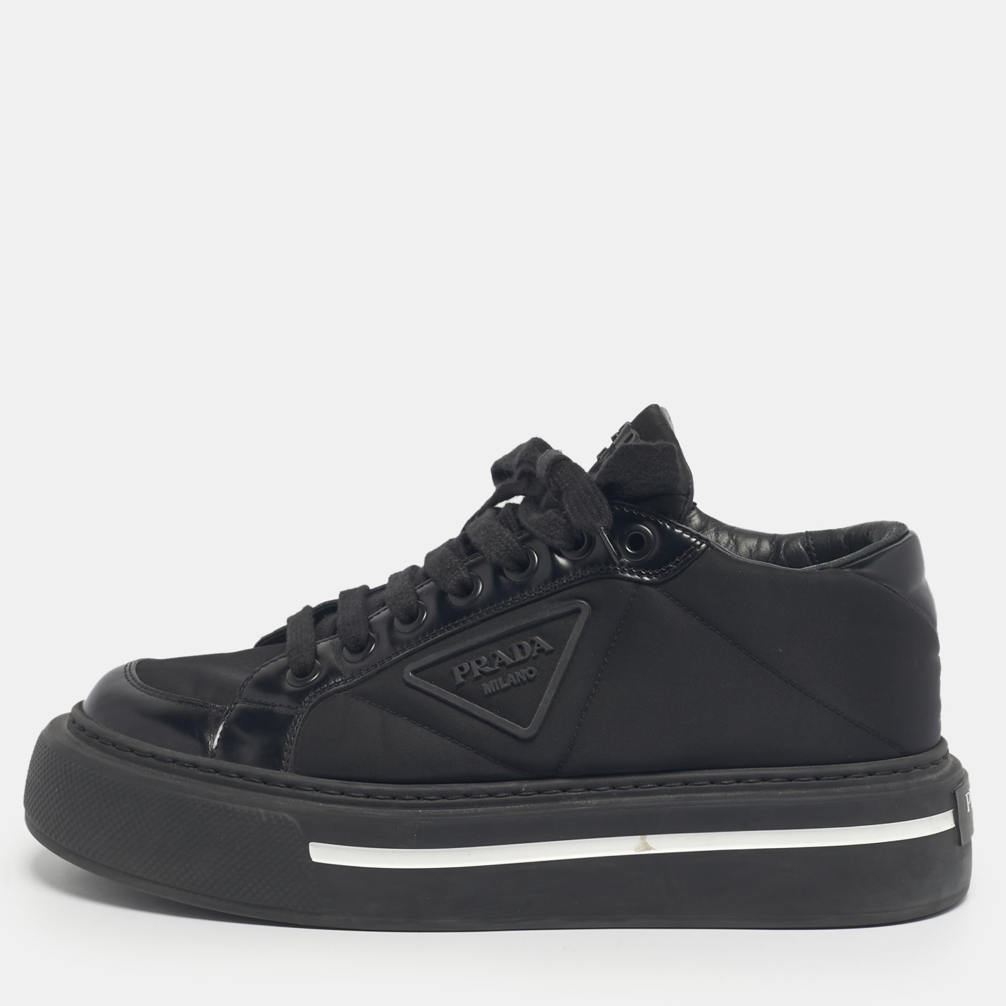 

Prada Black Leather And Nylon Deri Erkek Lace Up Sneakers Size 40.5