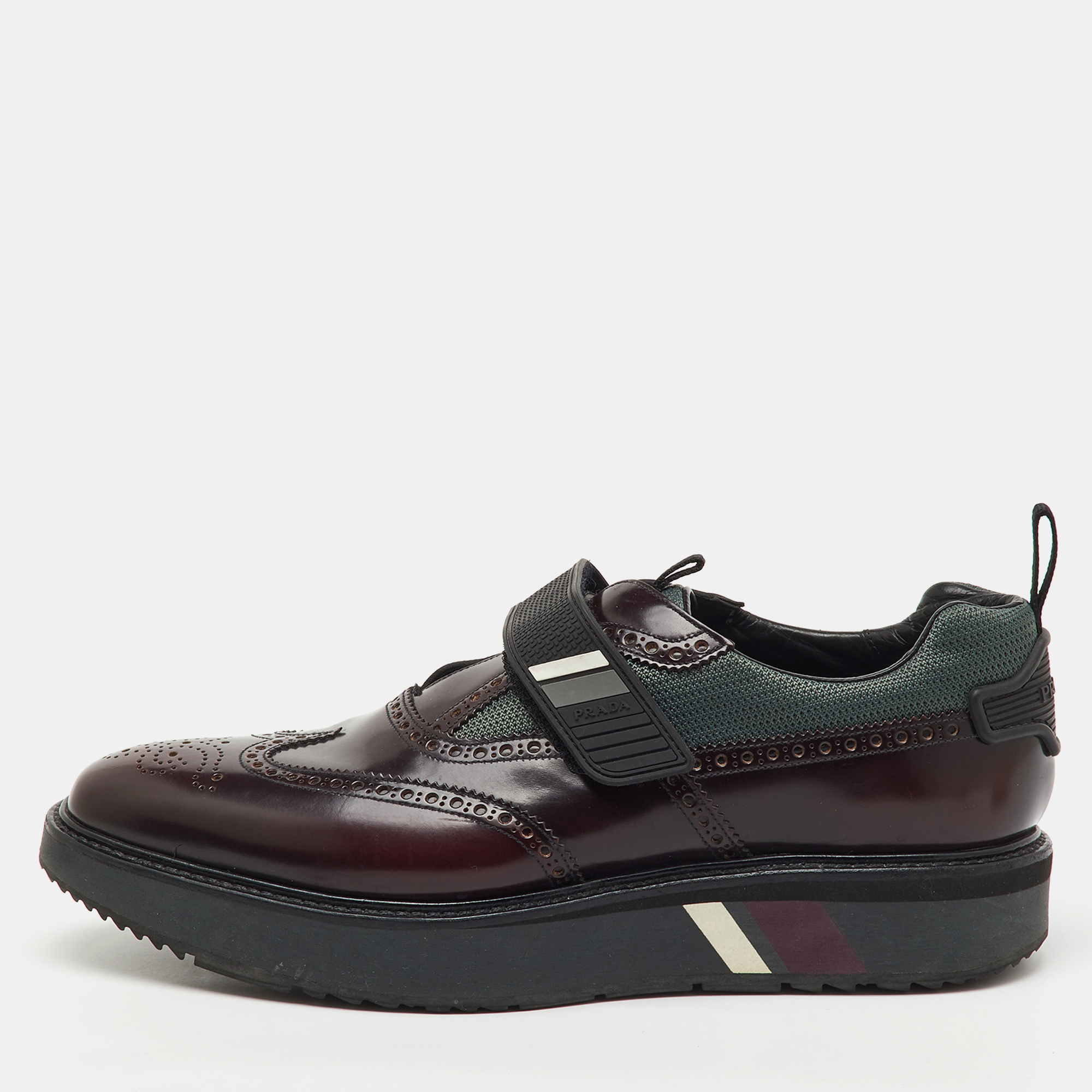 Pre-owned Prada Burgundy Brogue Leather And Fabric Velcro Oxfords Size 43.5