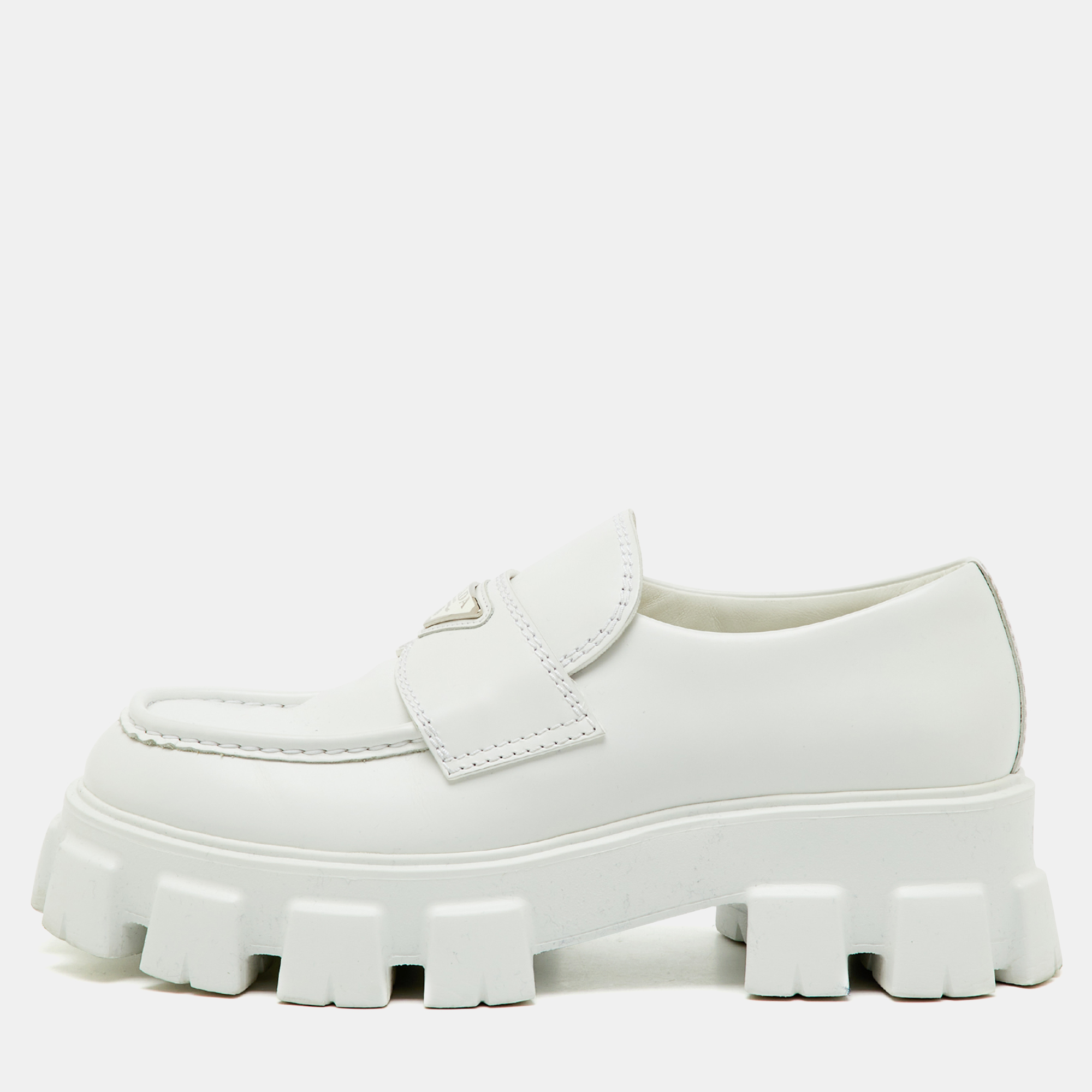 

Prada White Brushed Leather Monolith Loafers Size 42.5