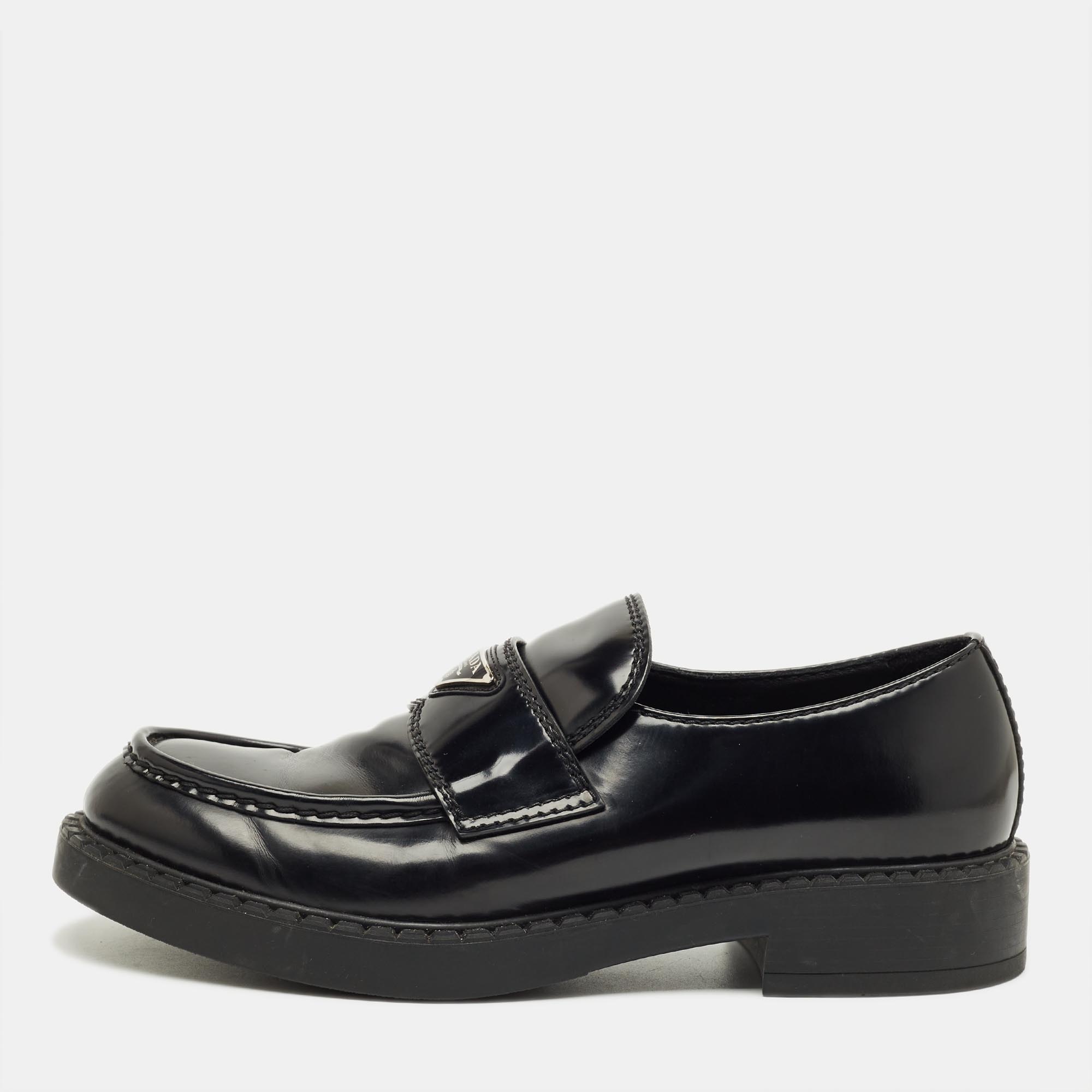 Pre-owned Prada Black Brushed Leather Slip On Platform Loafers Size 44.5
