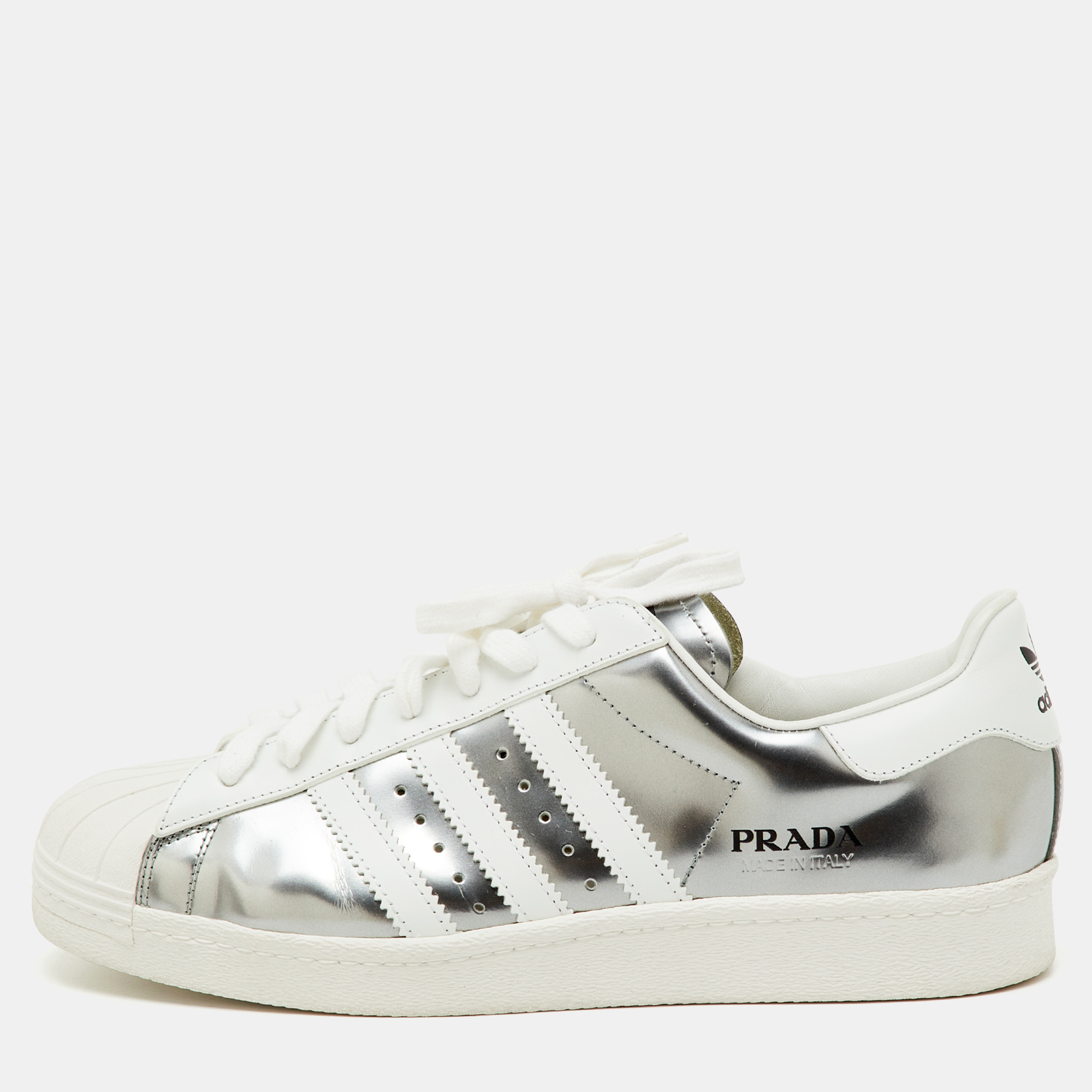 

Prada x Adidas Silver/White Leather Superstar Low Top Sneakers Size 43 1/3