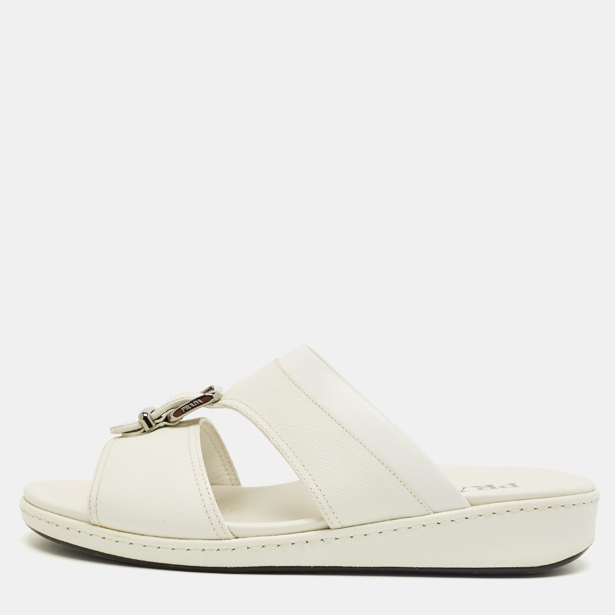 

Prada White Saffiano Leather Desert Slide Sandals Size 41