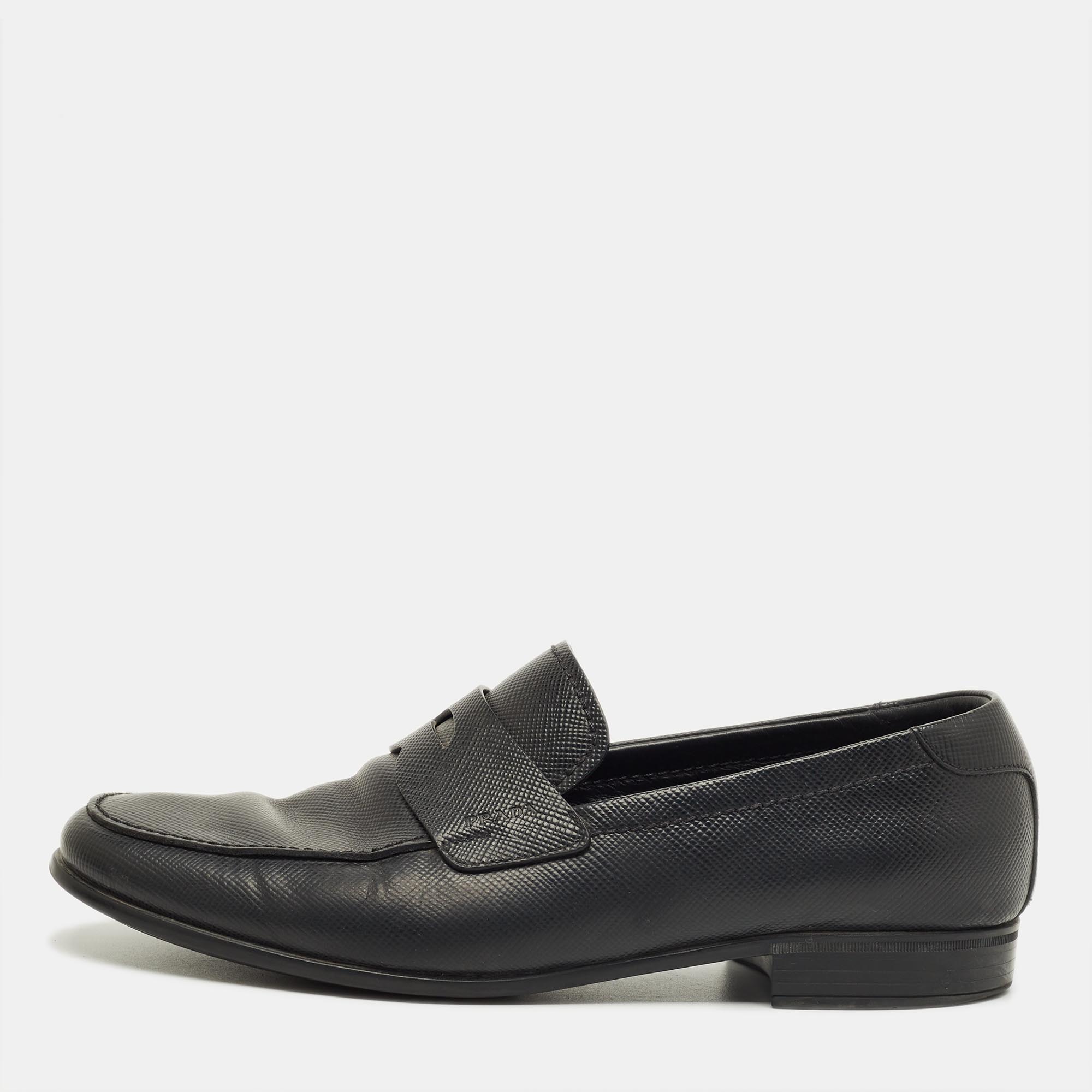 Pre-owned Prada Black Leather Penny Loafers Size 42.5