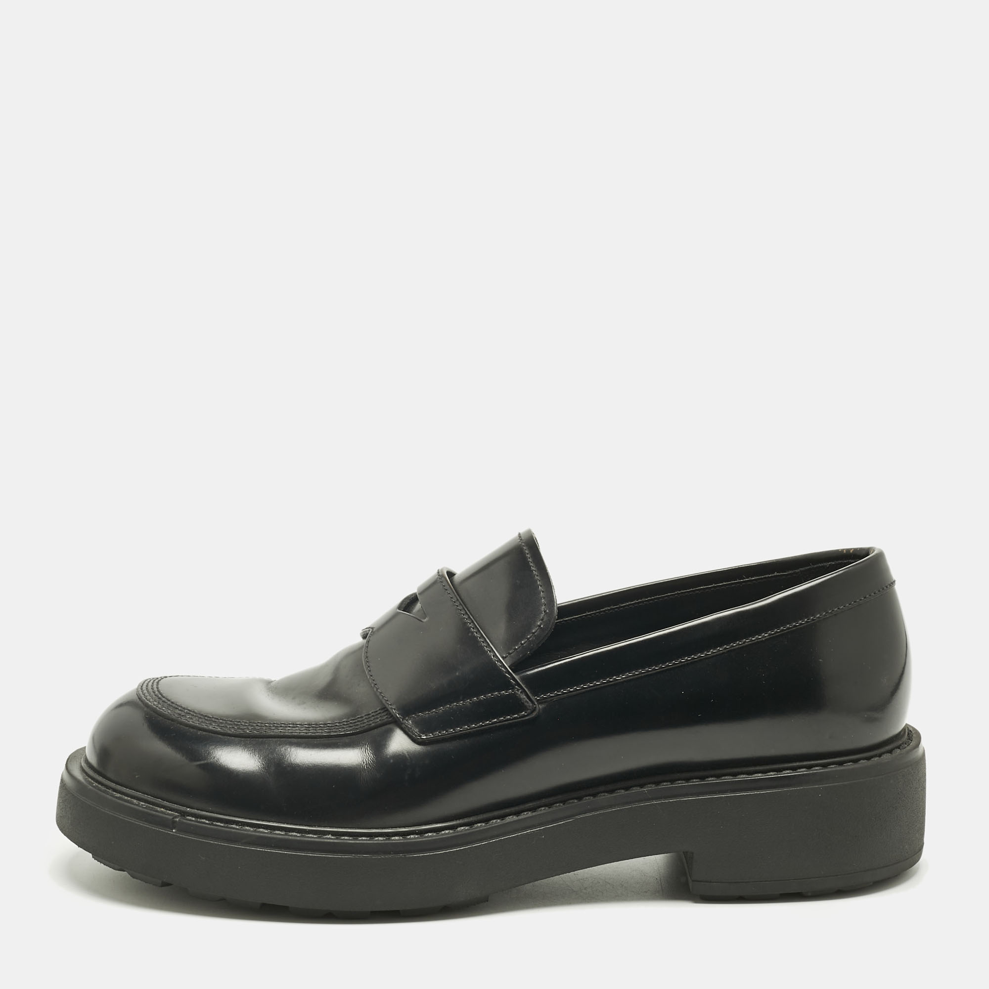Pre-owned Prada Black Leather Slip On Loafers Size 42