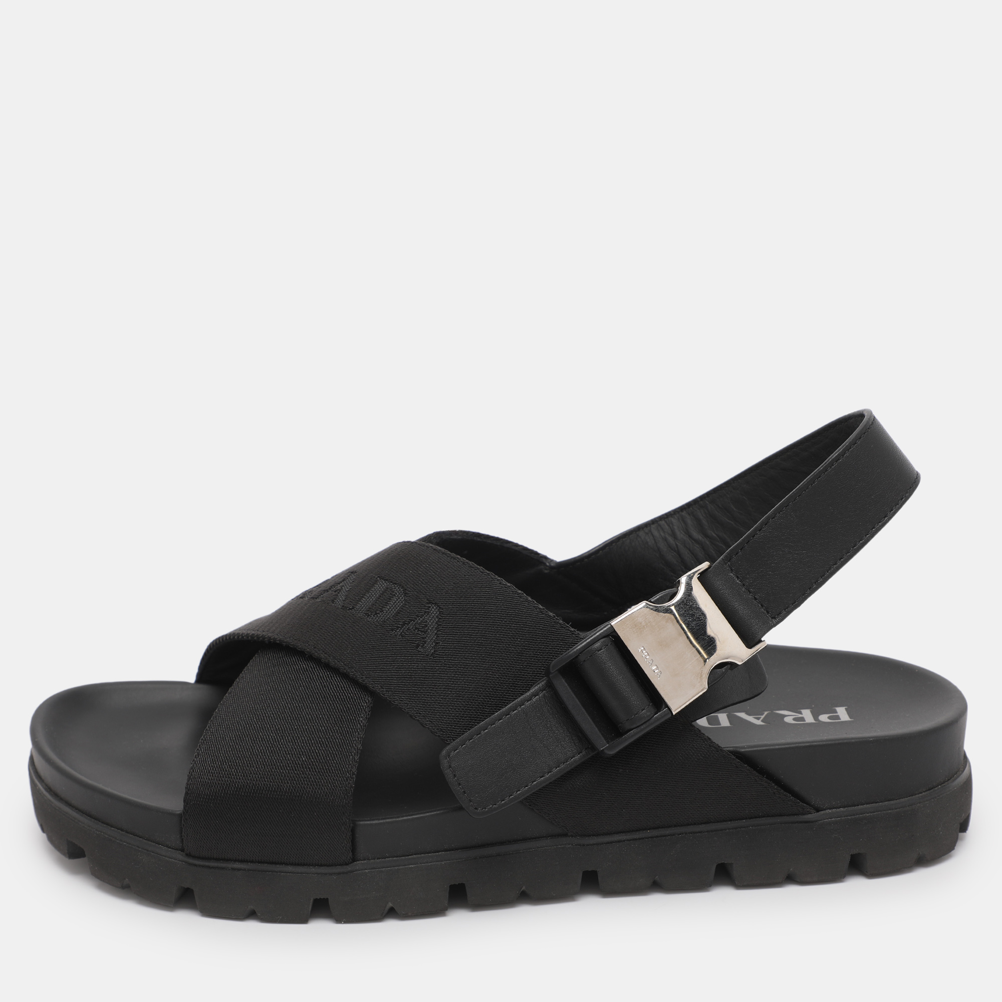 Pre-owned Prada Black Balistic Nylon Cross Strap Slide Sandals Size 44