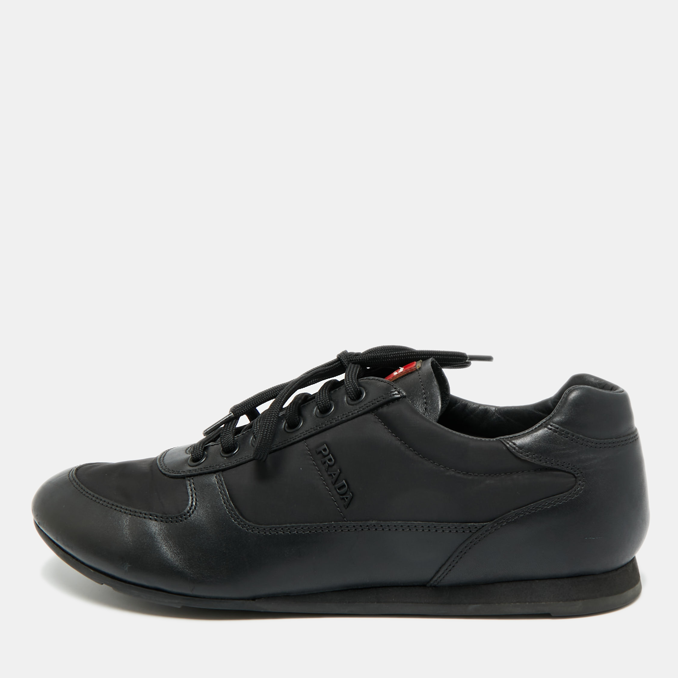 PRADA Pre-owned Black Leather And Nylon Lace Up Sneakers Size 42