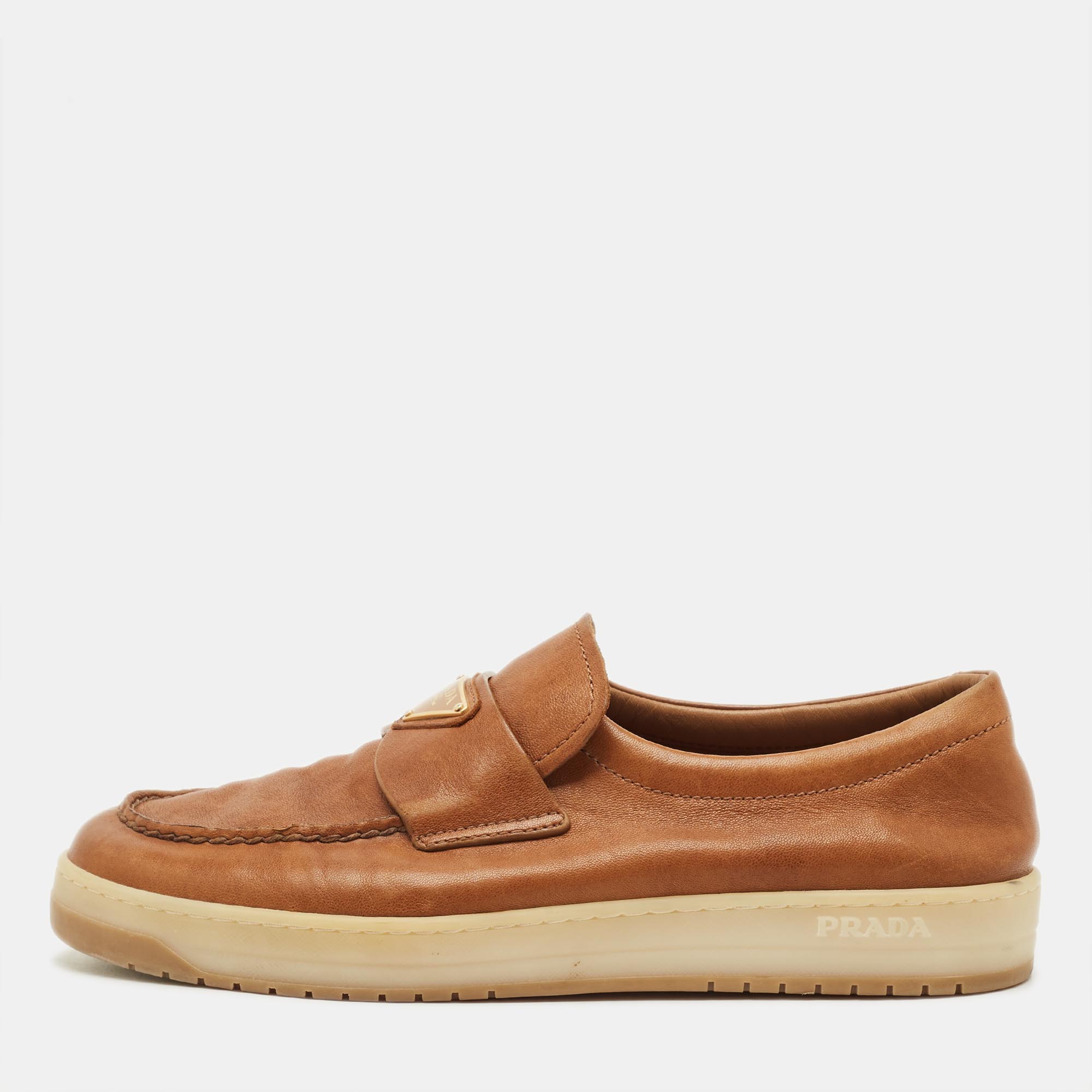 

Prada Size 40.5 Brown Leather Logo Slip On Sneakers